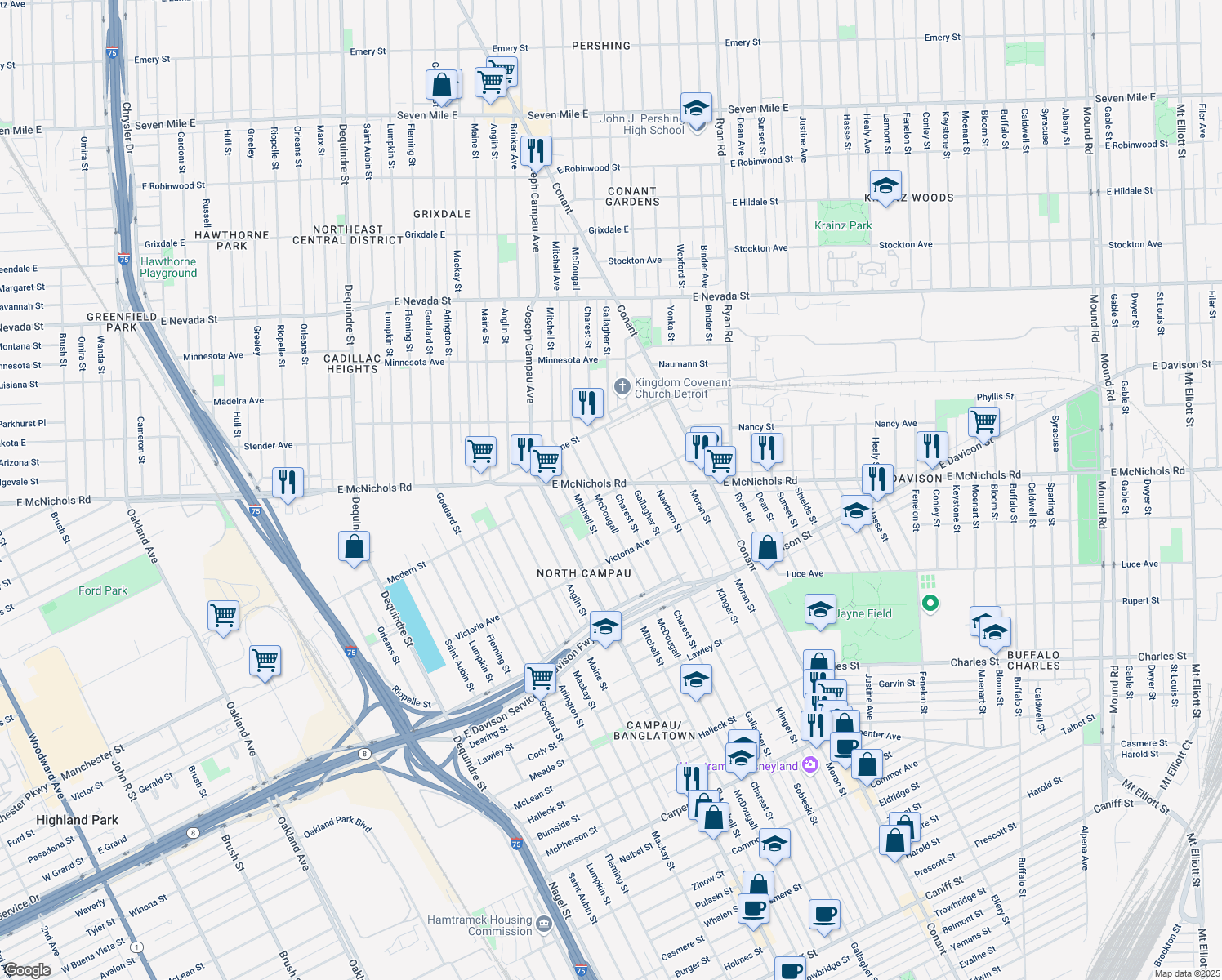 map of restaurants, bars, coffee shops, grocery stores, and more near 13975 Charest Street in Hamtramck