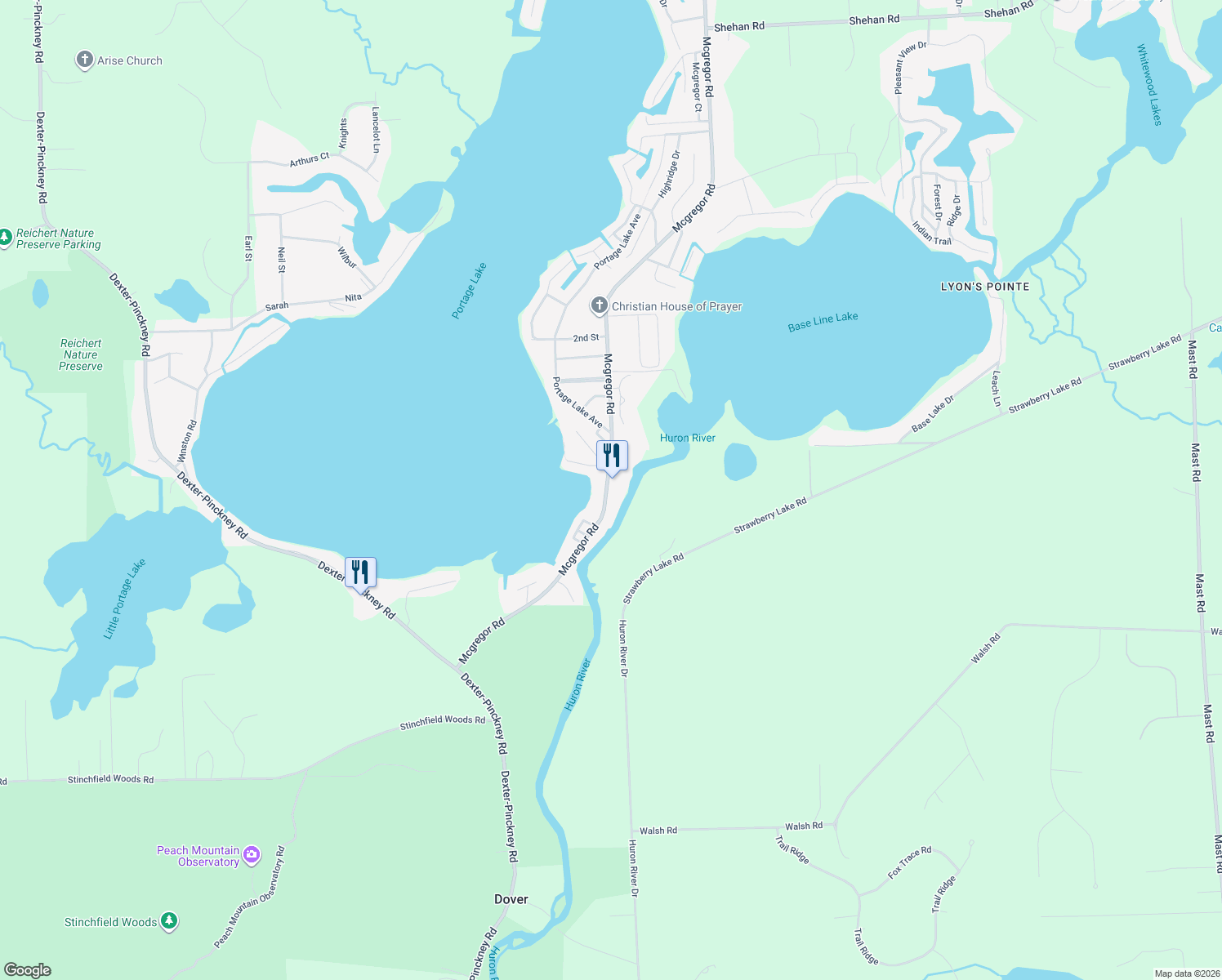 map of restaurants, bars, coffee shops, grocery stores, and more near 9280 Mcgregor Rd in Pinckney