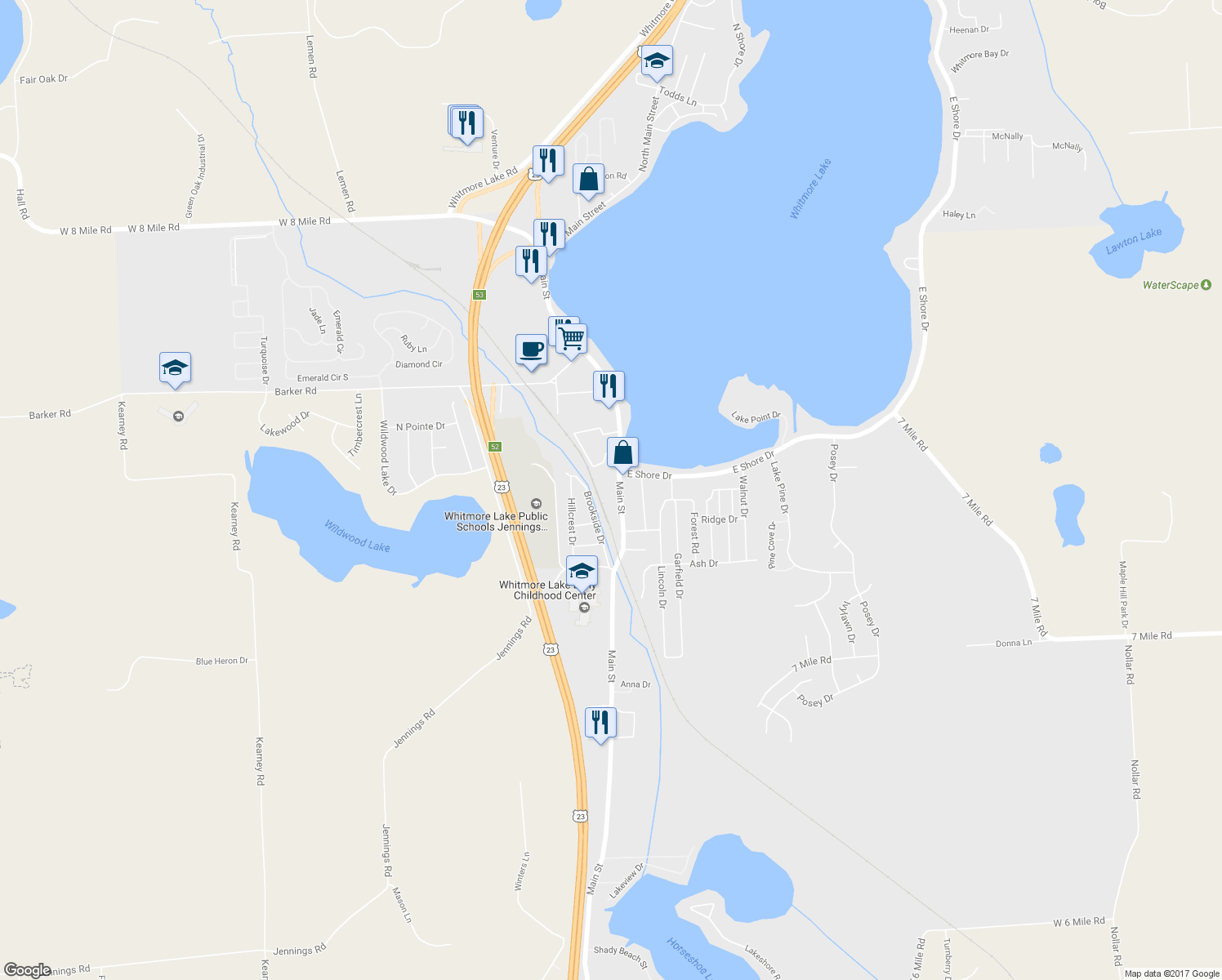 map of restaurants, bars, coffee shops, grocery stores, and more near 9215 Main Street in Whitmore Lake