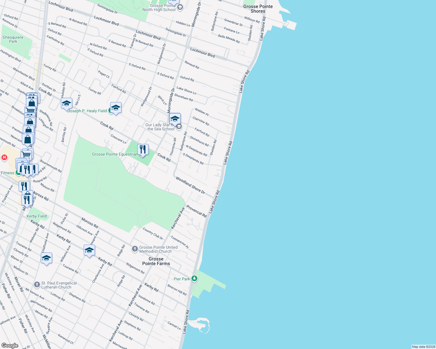 map of restaurants, bars, coffee shops, grocery stores, and more near 529 Lake Shore Rd in Grosse Pointe Shores