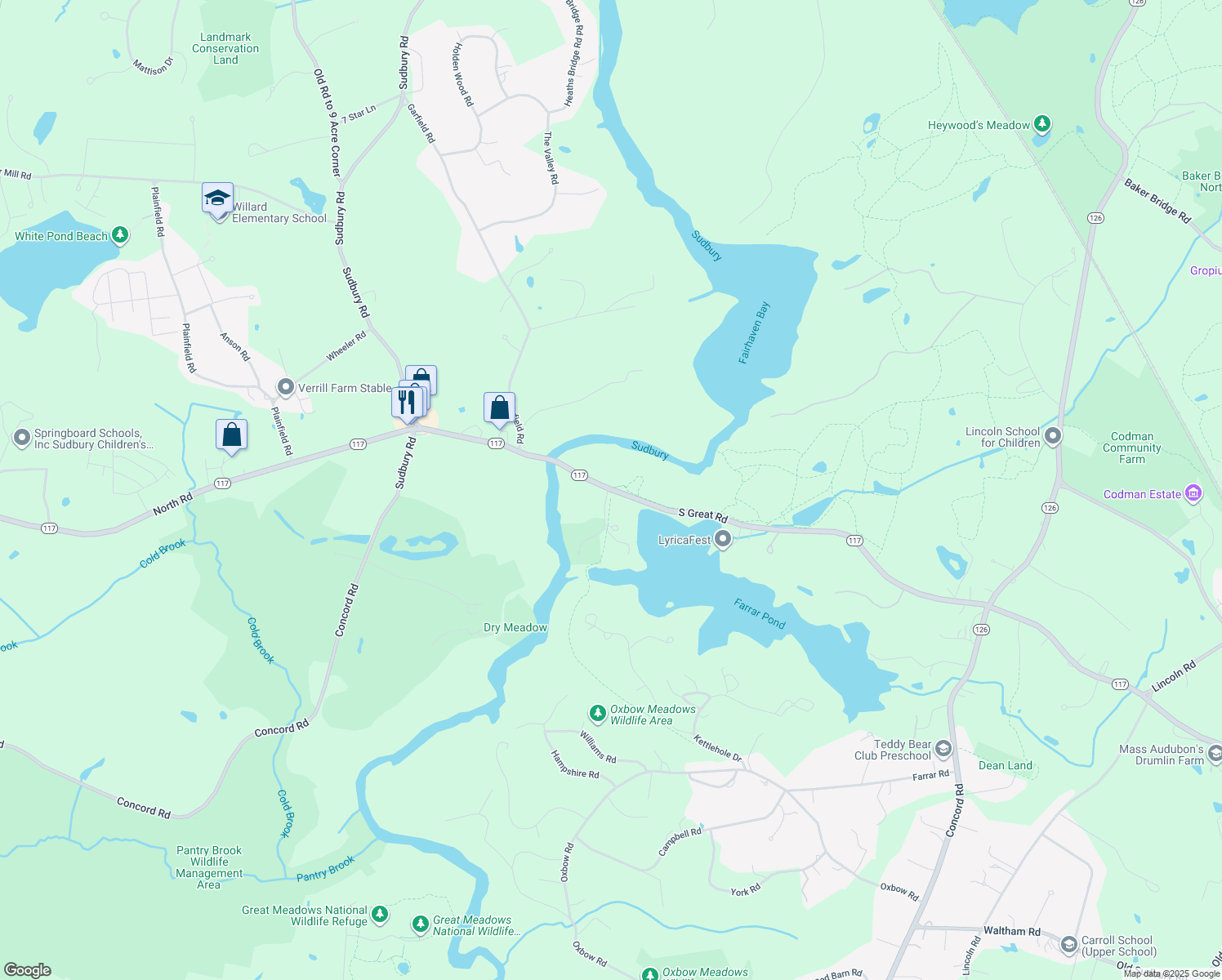 map of restaurants, bars, coffee shops, grocery stores, and more near 23 South Great Road in Lincoln