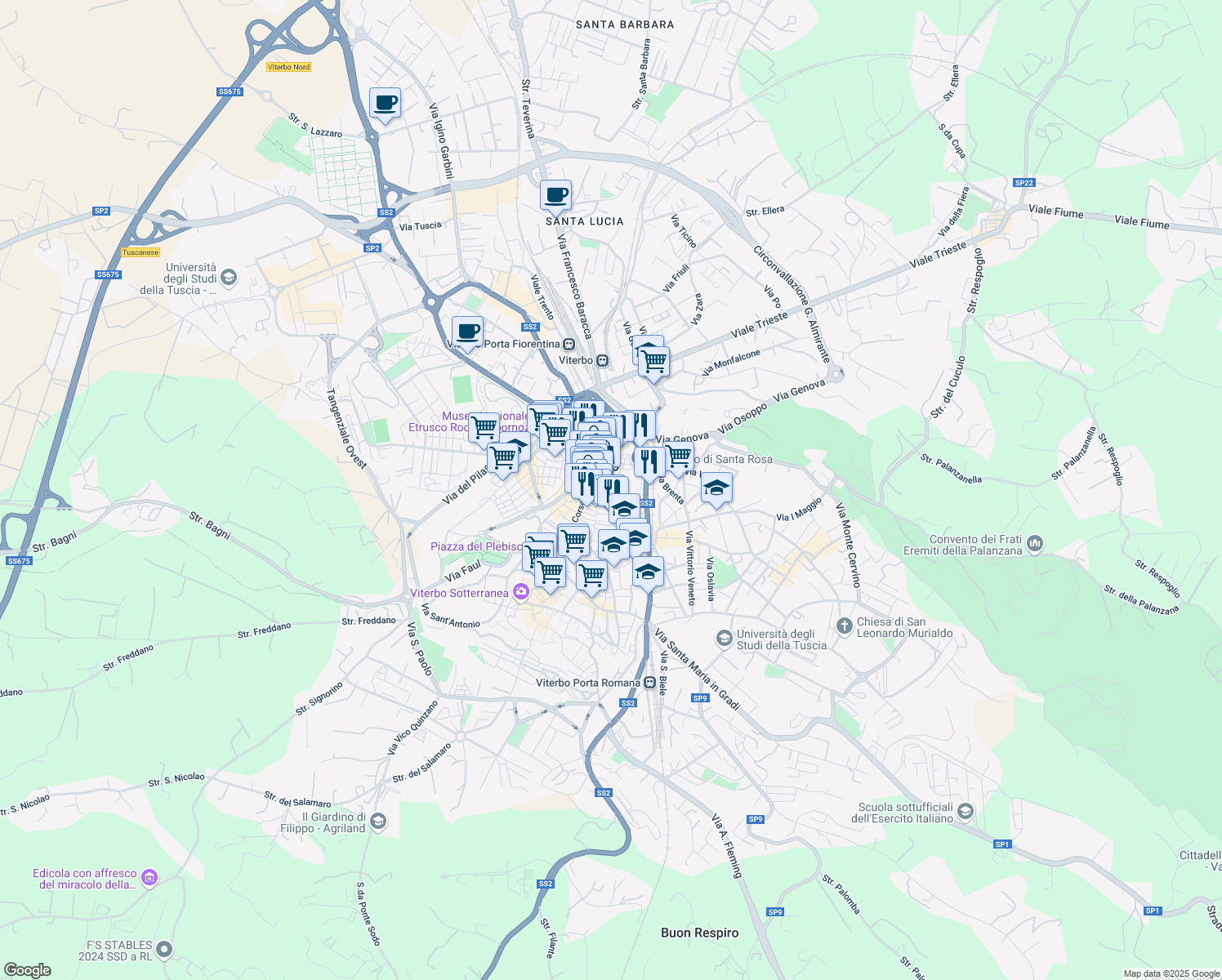 map of restaurants, bars, coffee shops, grocery stores, and more near in Viterbo