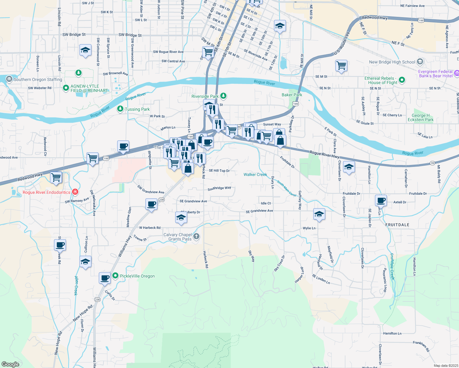 map of restaurants, bars, coffee shops, grocery stores, and more near 284 Southridge Way in Grants Pass