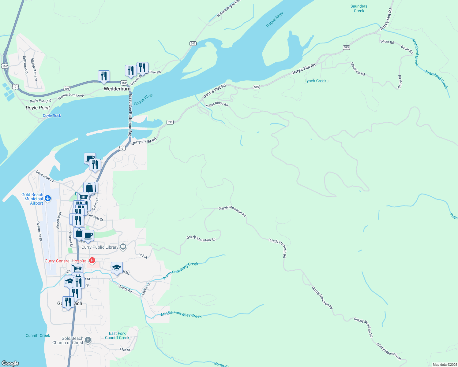 map of restaurants, bars, coffee shops, grocery stores, and more near 94880 Grizzly Mountain Road in Gold Beach