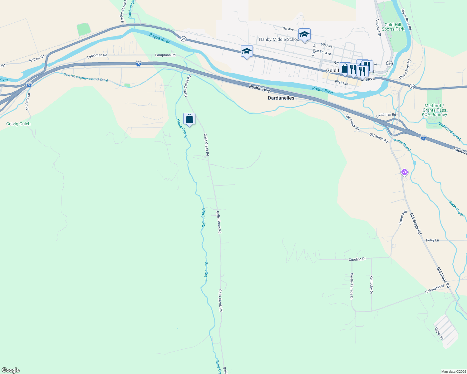 map of restaurants, bars, coffee shops, grocery stores, and more near 925 Galls Creek Road in Gold Hill