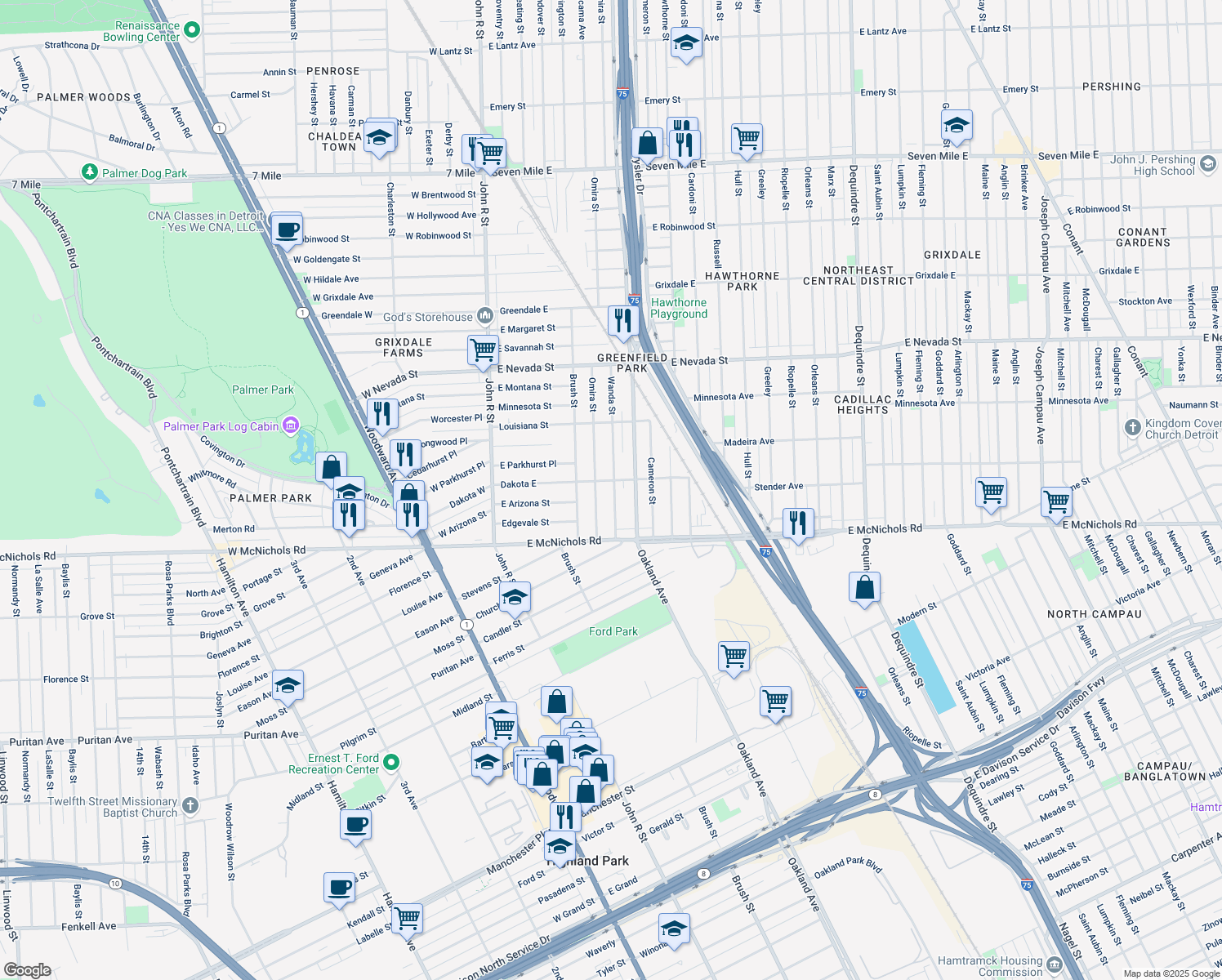 map of restaurants, bars, coffee shops, grocery stores, and more near 17235 Wanda Street in Highland Park