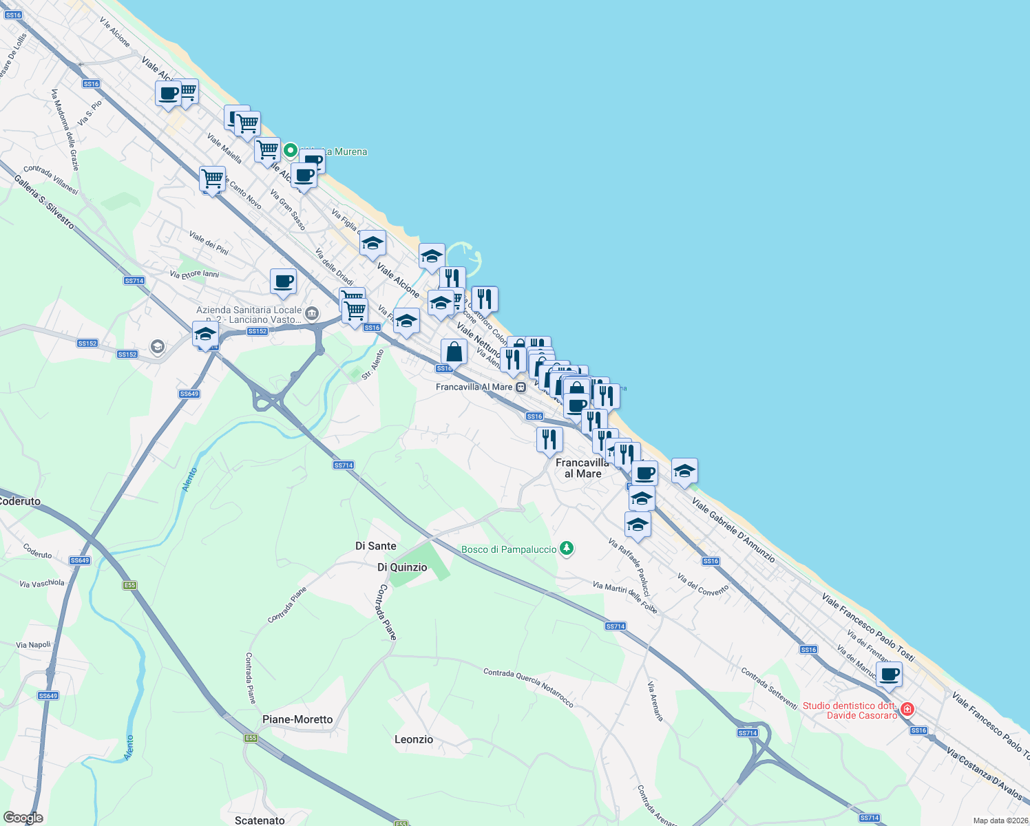 map of restaurants, bars, coffee shops, grocery stores, and more near 54 Salita San Franco in Francavilla al Mare