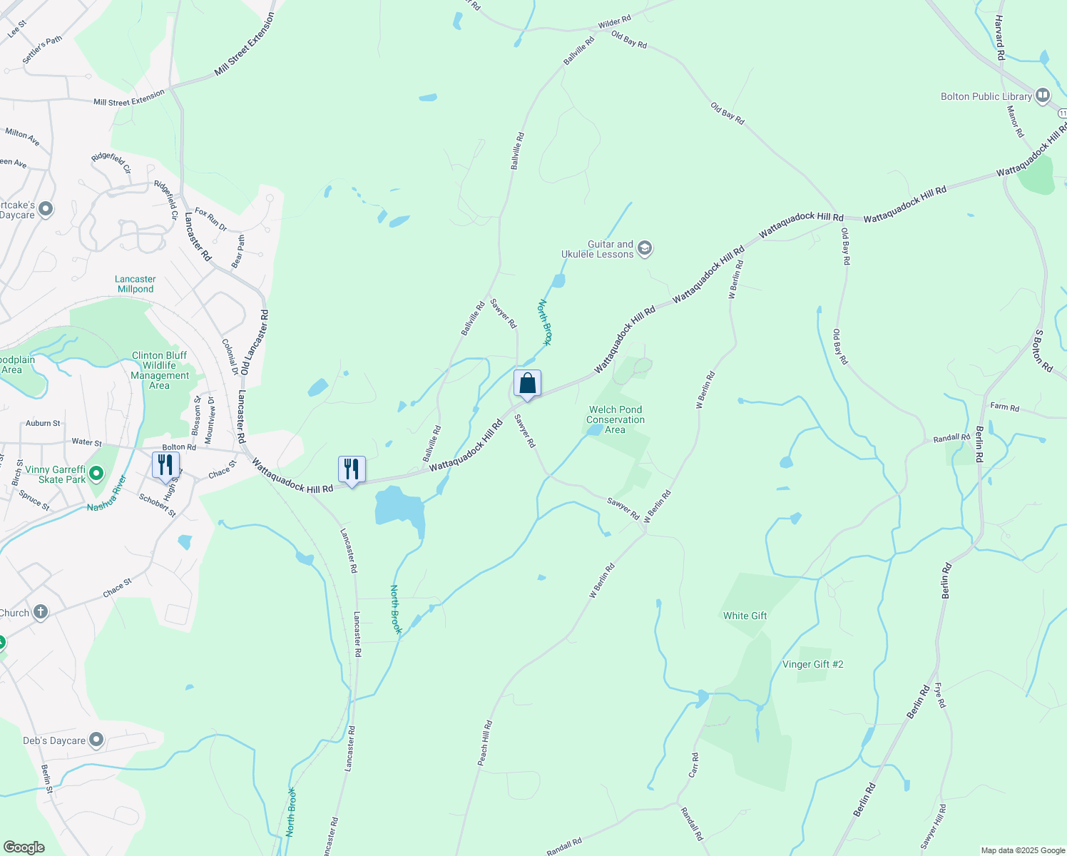 map of restaurants, bars, coffee shops, grocery stores, and more near 100 Sawyer Road in Bolton