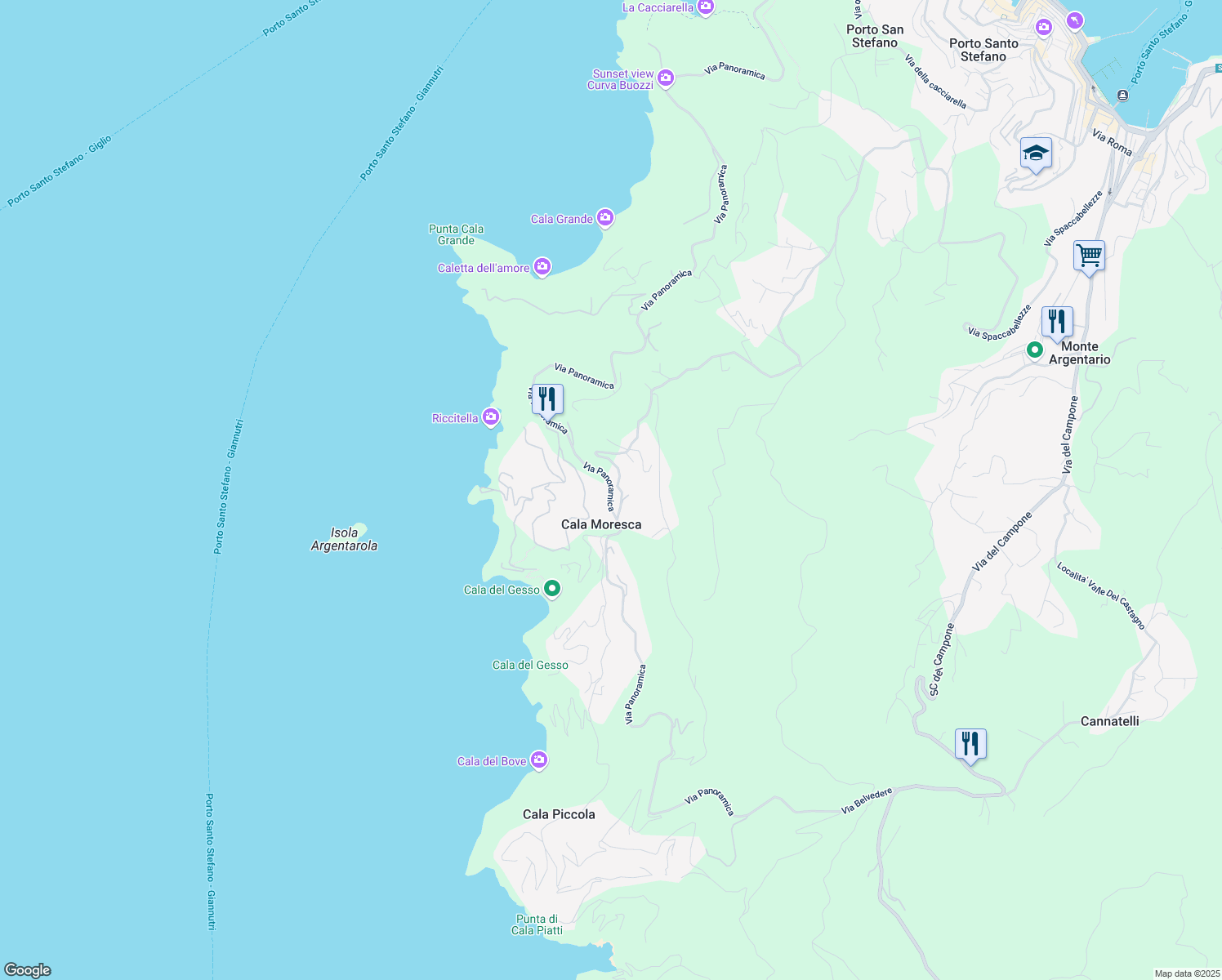 map of restaurants, bars, coffee shops, grocery stores, and more near 158 Via Panoramica in Cala Moresca