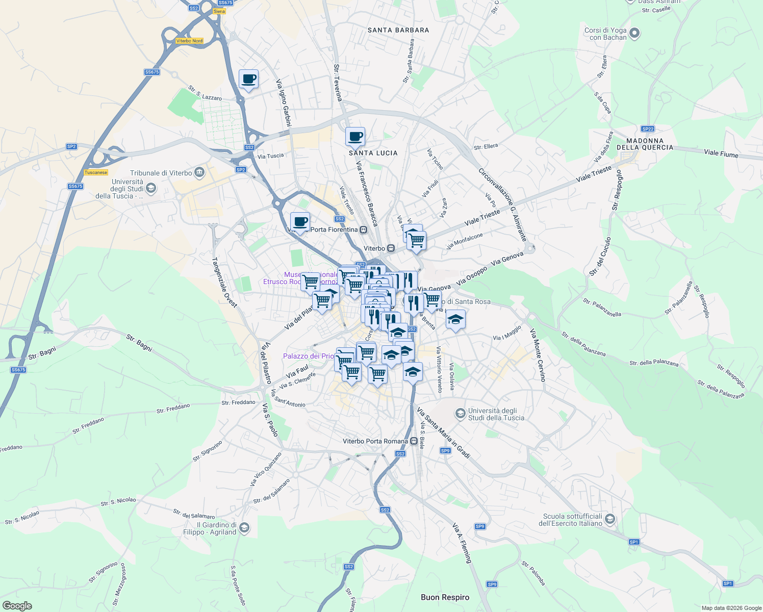 map of restaurants, bars, coffee shops, grocery stores, and more near in Viterbo