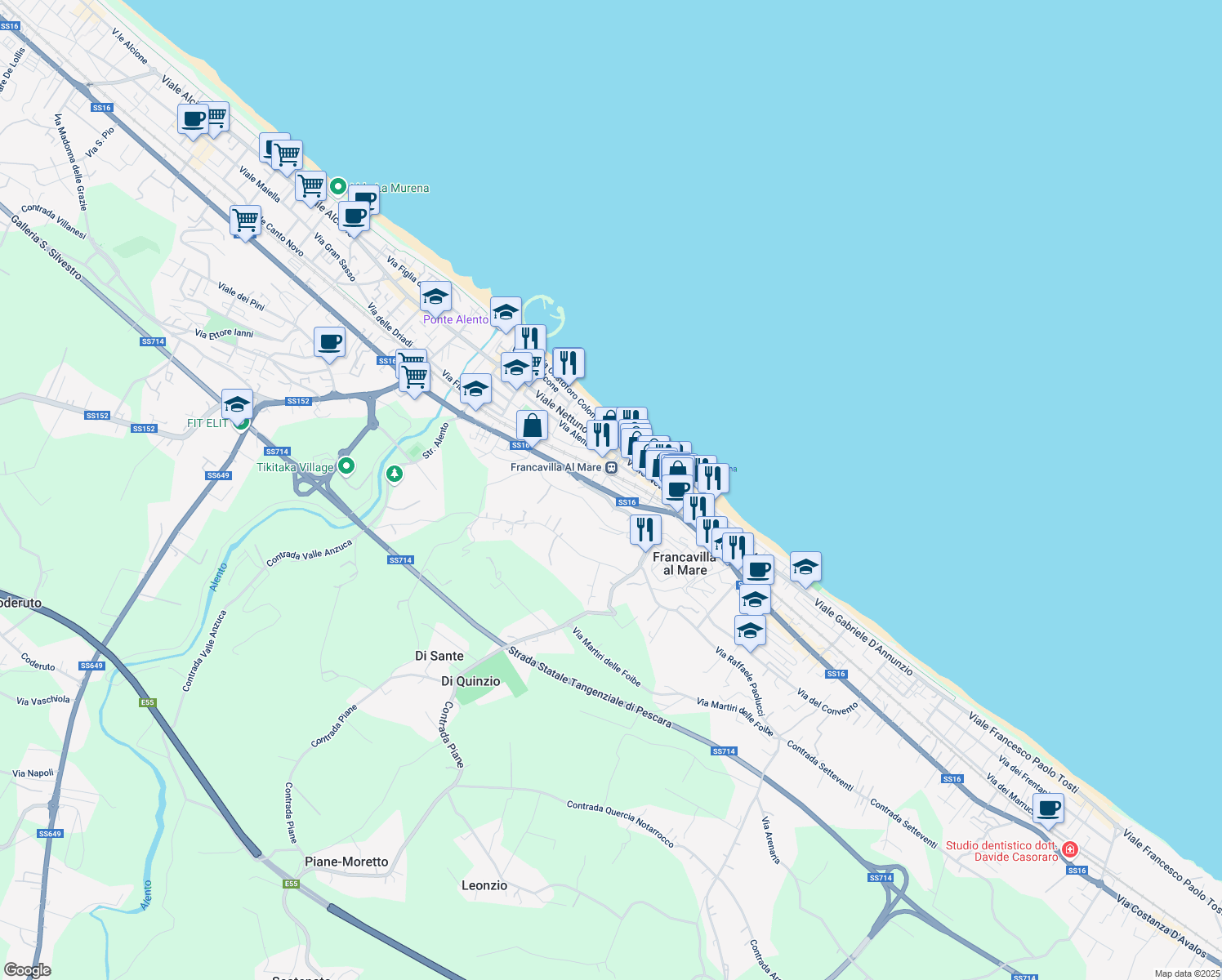 map of restaurants, bars, coffee shops, grocery stores, and more near 54 Salita San Franco in Francavilla Al Mare