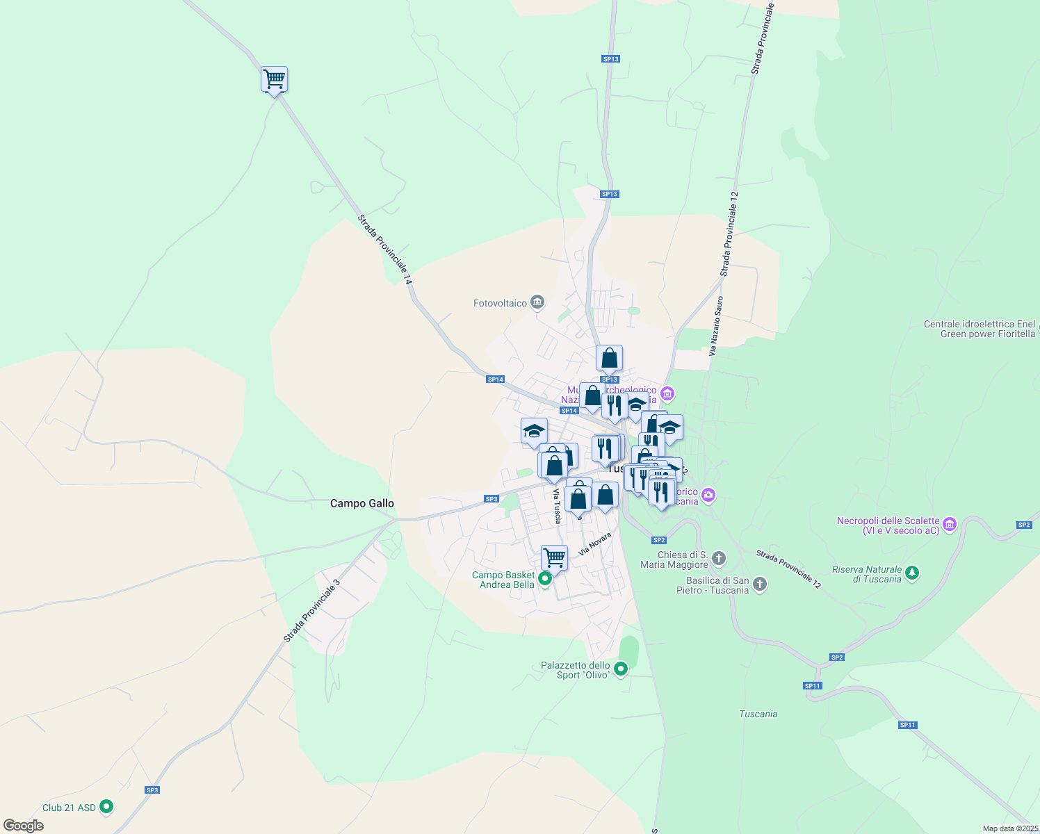 map of restaurants, bars, coffee shops, grocery stores, and more near 71 Piazza Raffaele Eusepi in Tuscania