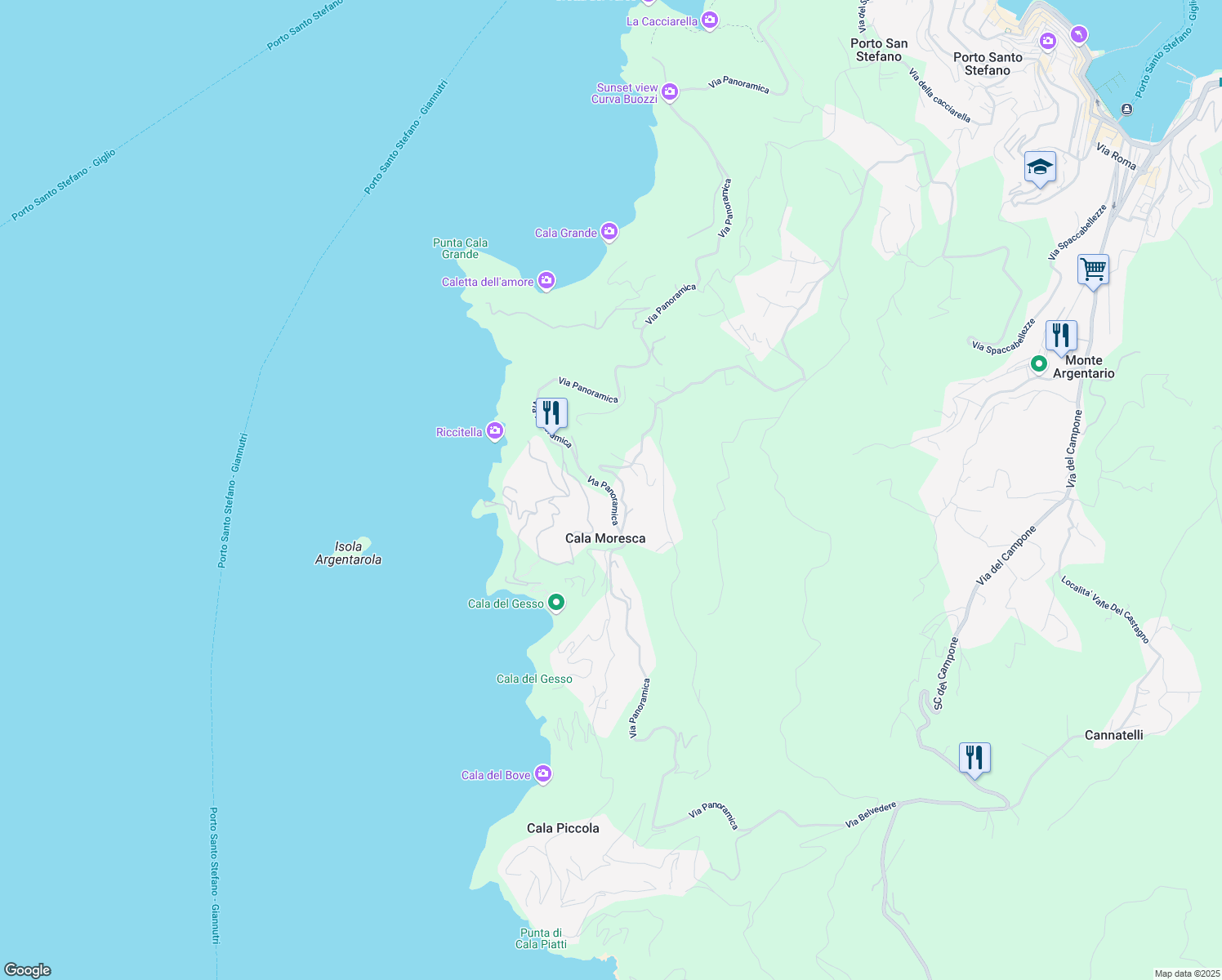 map of restaurants, bars, coffee shops, grocery stores, and more near 158 Via Panoramica in Cala Moresca