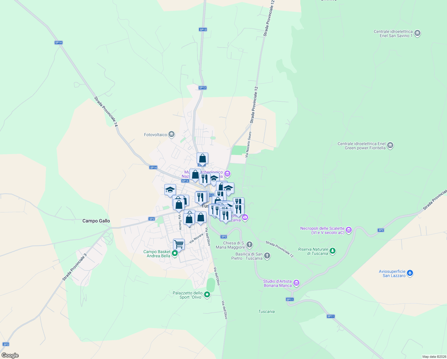 map of restaurants, bars, coffee shops, grocery stores, and more near 14 Via Cerasa in Tuscania