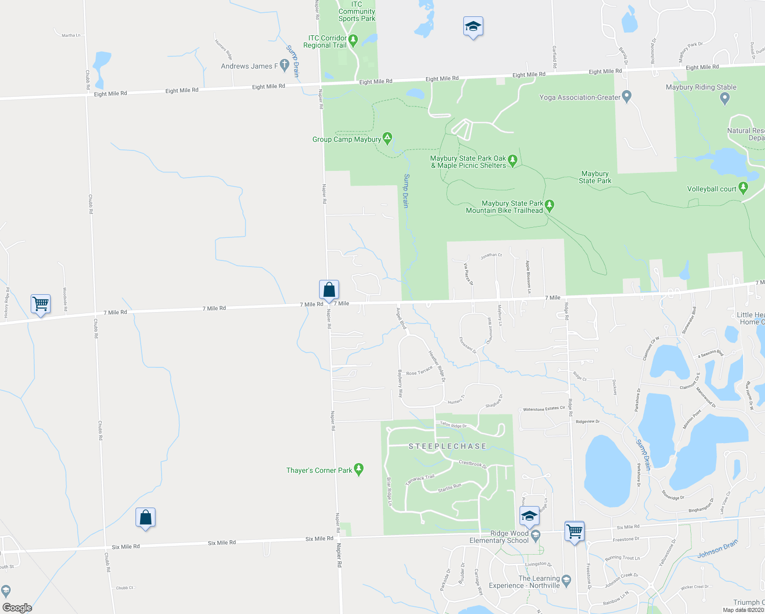 map of restaurants, bars, coffee shops, grocery stores, and more near 50991 7 Mile Road in Northville