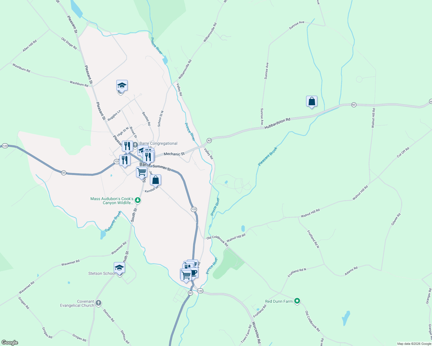 map of restaurants, bars, coffee shops, grocery stores, and more near 446 Valley Rd in Barre