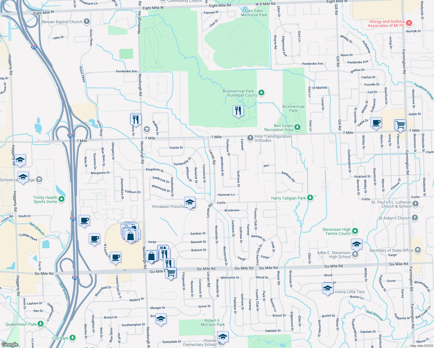 map of restaurants, bars, coffee shops, grocery stores, and more near 18528 Levan Road in Livonia