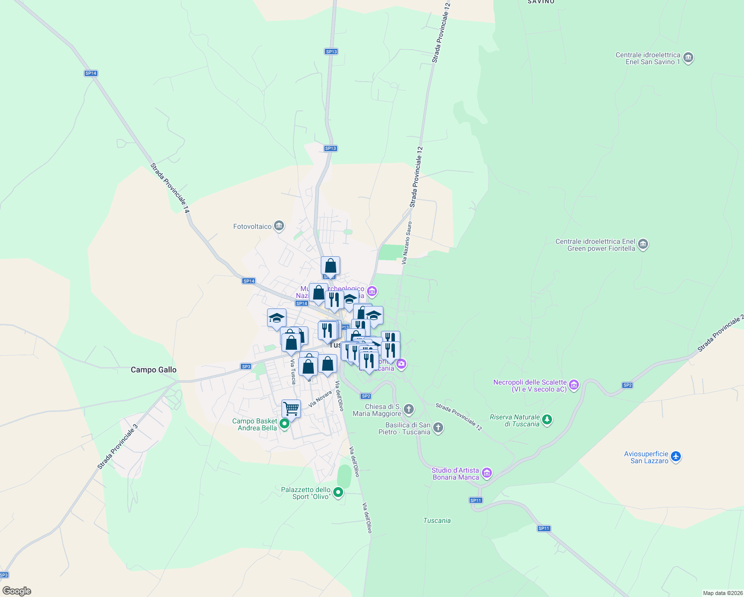 map of restaurants, bars, coffee shops, grocery stores, and more near 14 Via Giuseppe Cerasa in Tuscania
