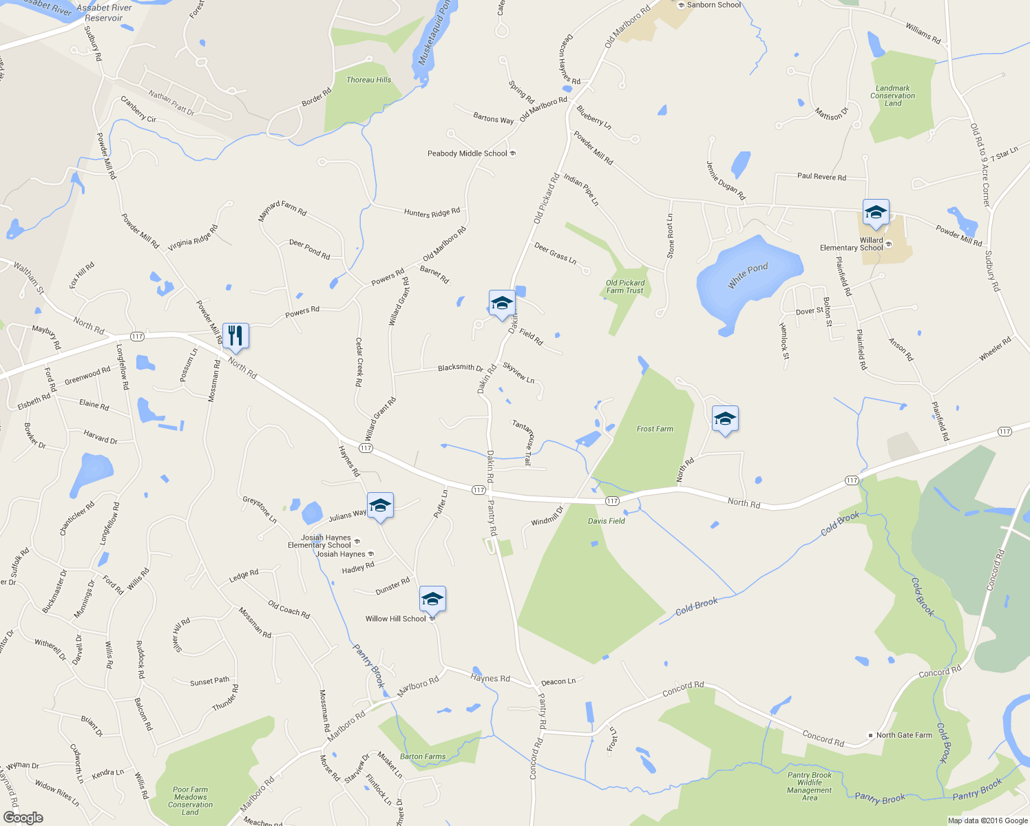 map of restaurants, bars, coffee shops, grocery stores, and more near 40 Tantamouse Trail in Sudbury