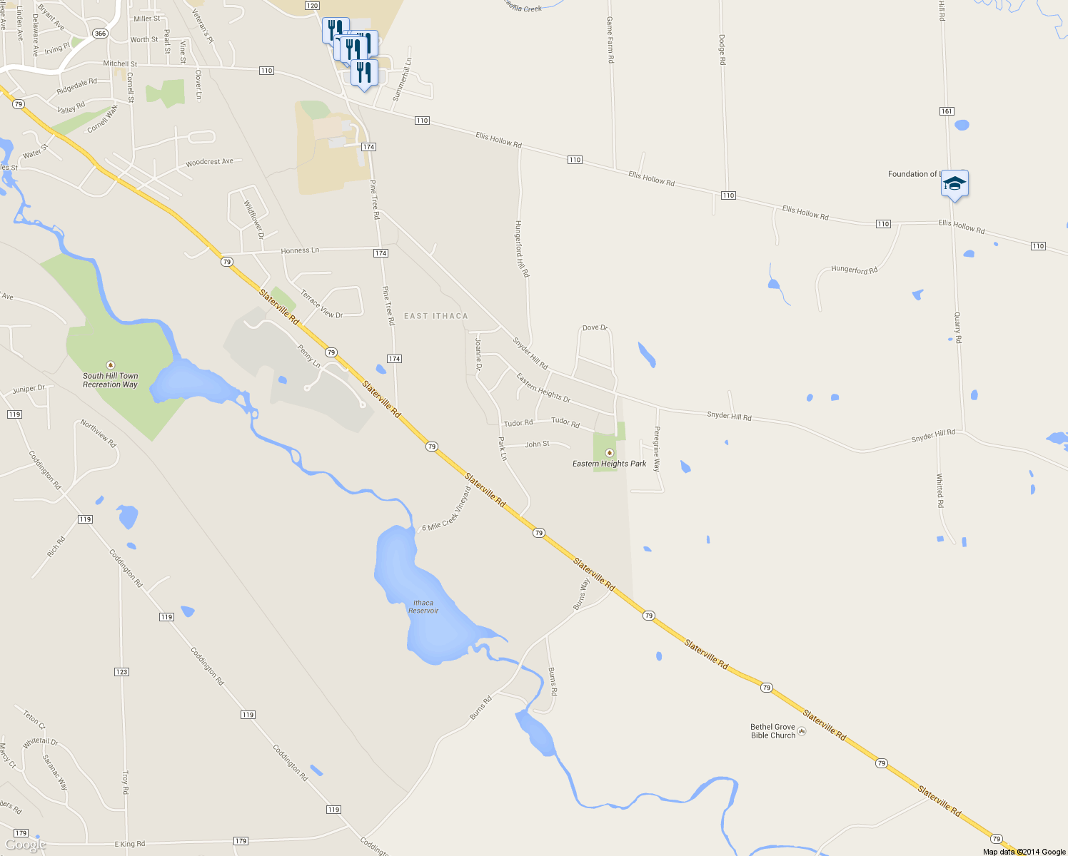 map of restaurants, bars, coffee shops, grocery stores, and more near 111 Tudor Rd in Ithaca