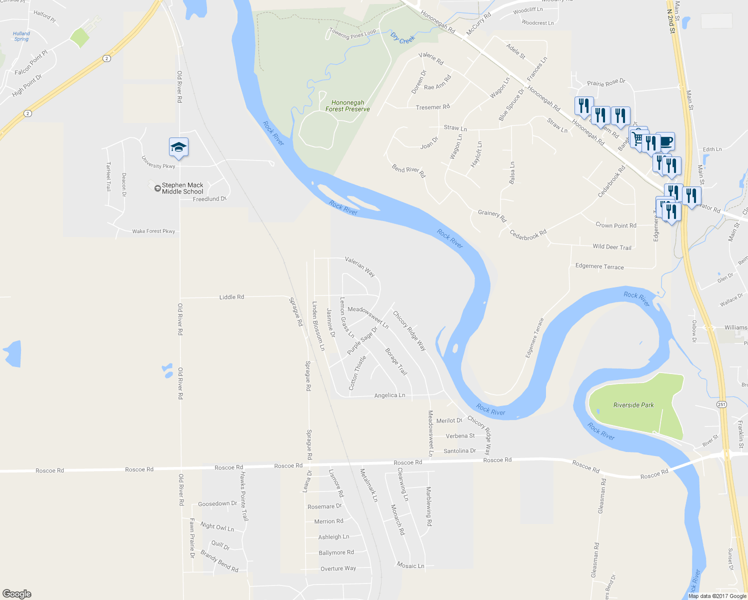 map of restaurants, bars, coffee shops, grocery stores, and more near 558 Bergamot Way in Roscoe