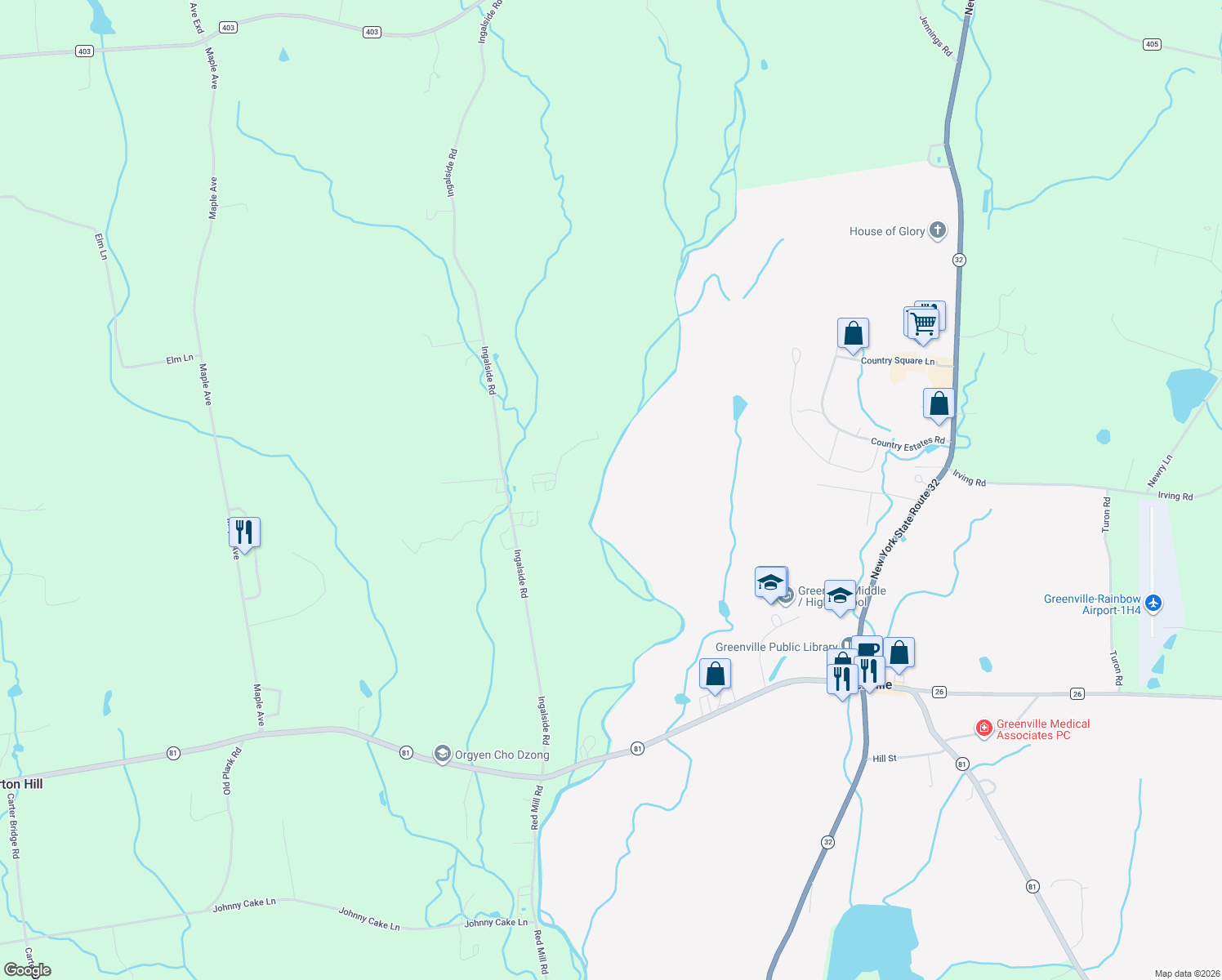 map of restaurants, bars, coffee shops, grocery stores, and more near 150 Ingalside Road in Greenville