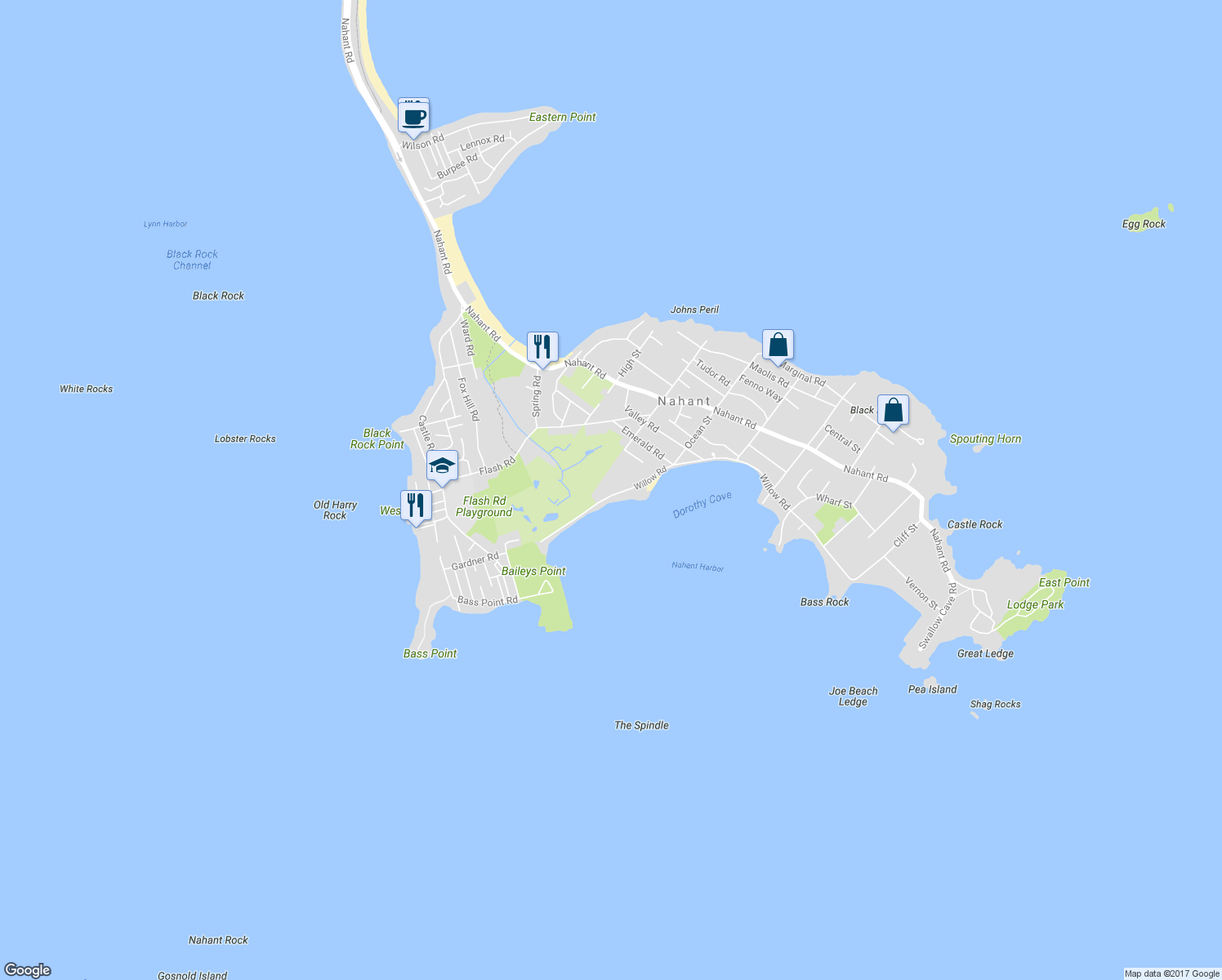 map of restaurants, bars, coffee shops, grocery stores, and more near 50 Willow Road in Nahant