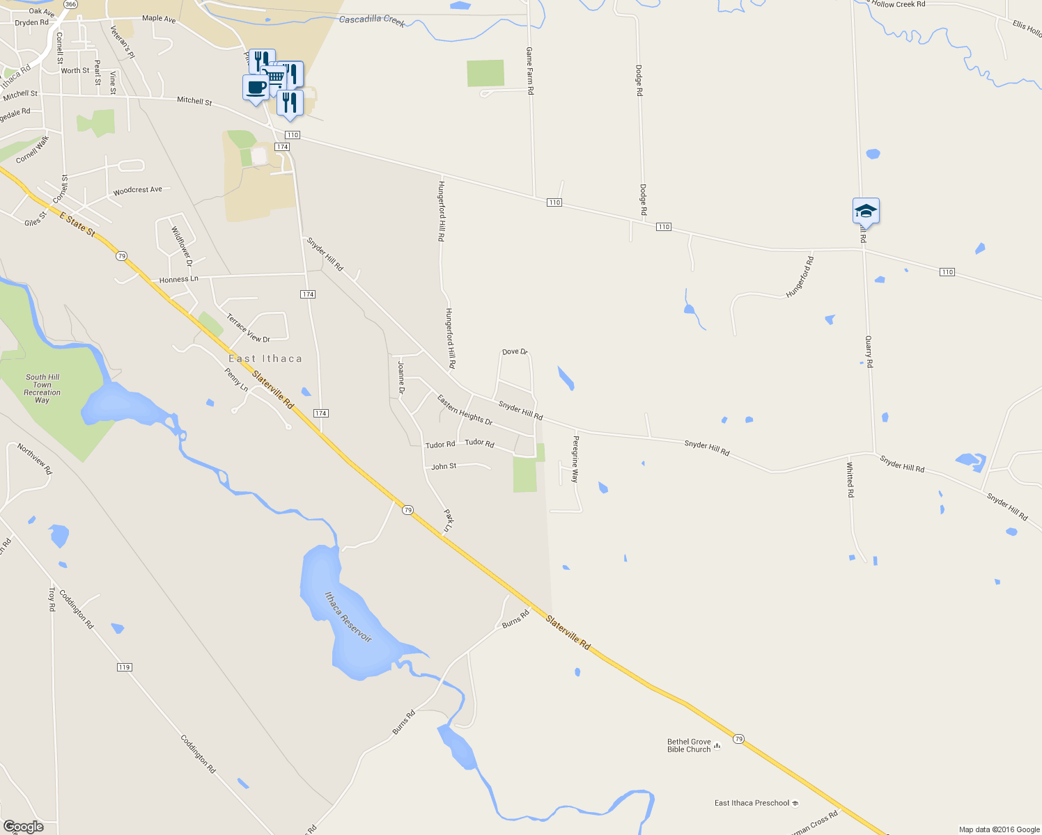 map of restaurants, bars, coffee shops, grocery stores, and more near 227 Snyder Hill Rd in Ithaca