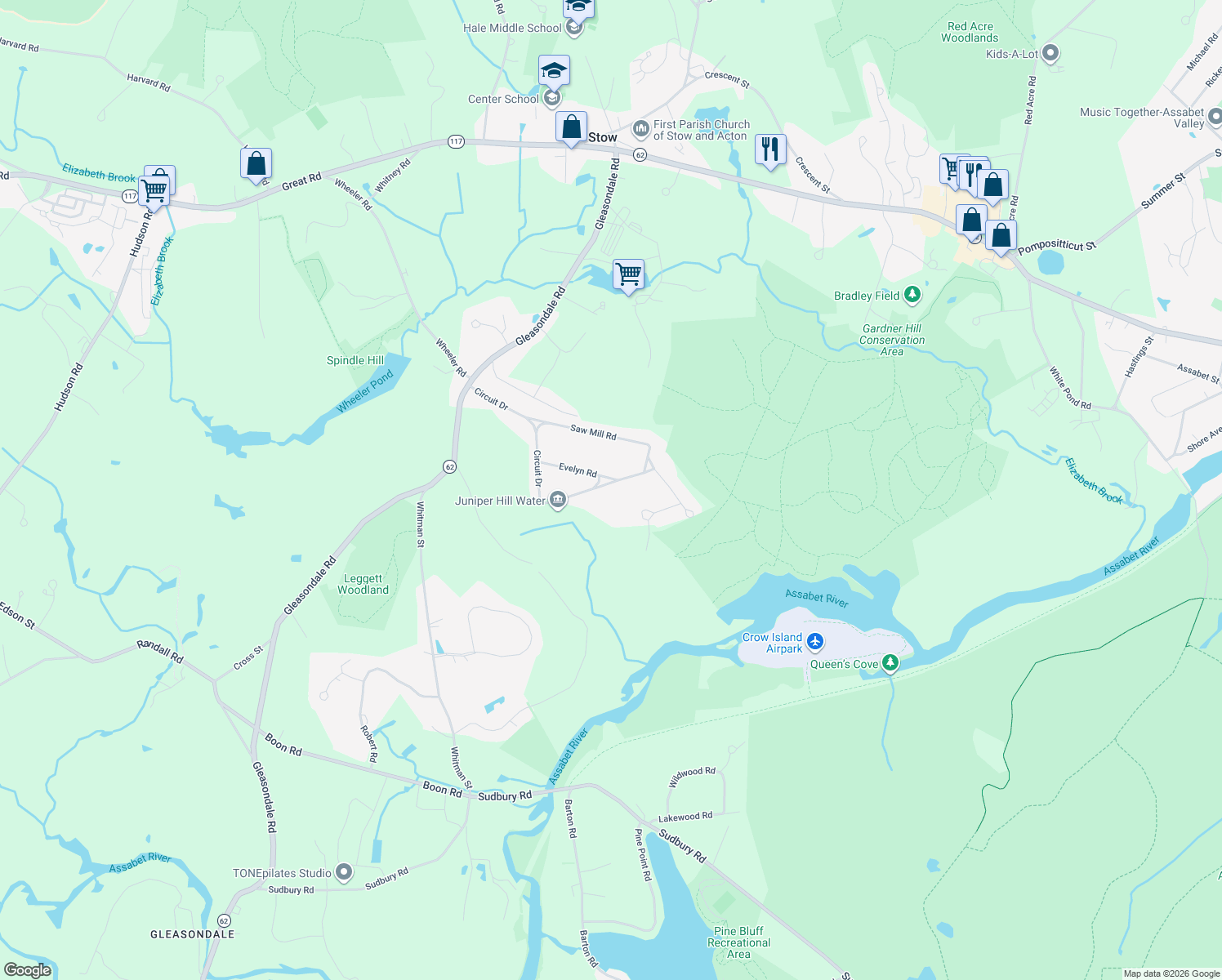 map of restaurants, bars, coffee shops, grocery stores, and more near 20 Middlemost Way in Stow