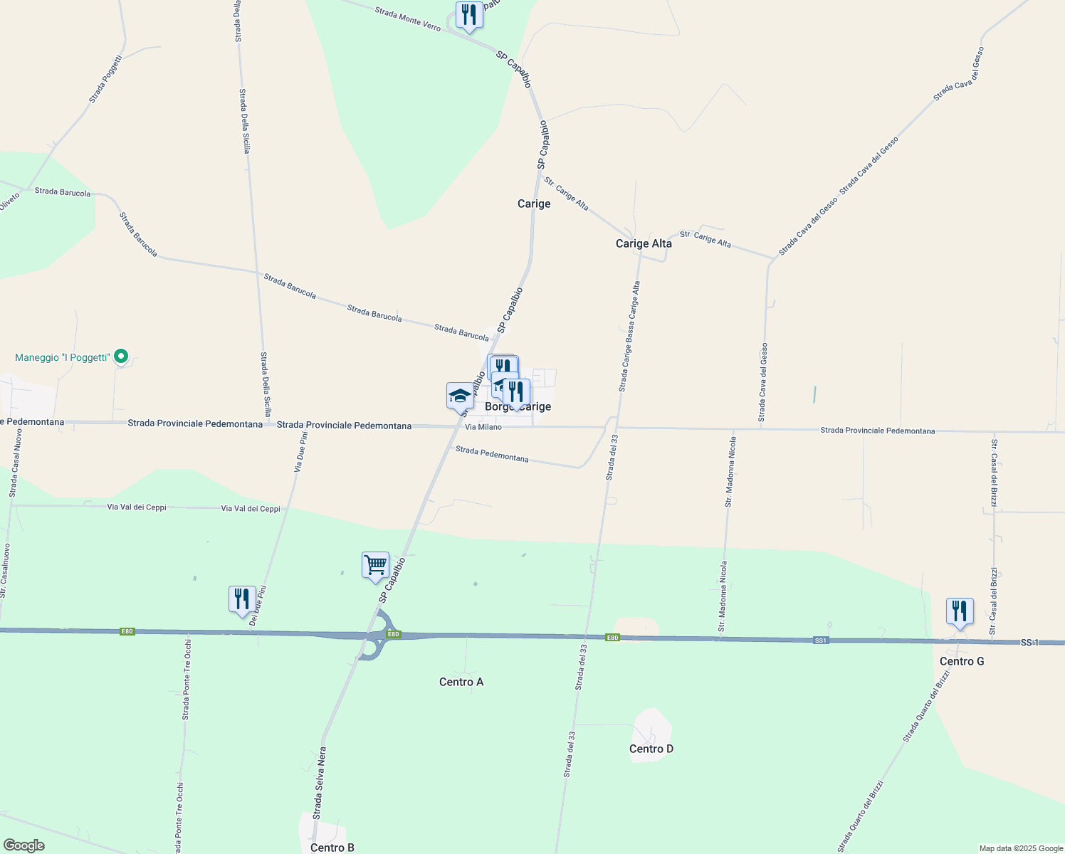 map of restaurants, bars, coffee shops, grocery stores, and more near 9-11 Via Torino in Borgo Carige