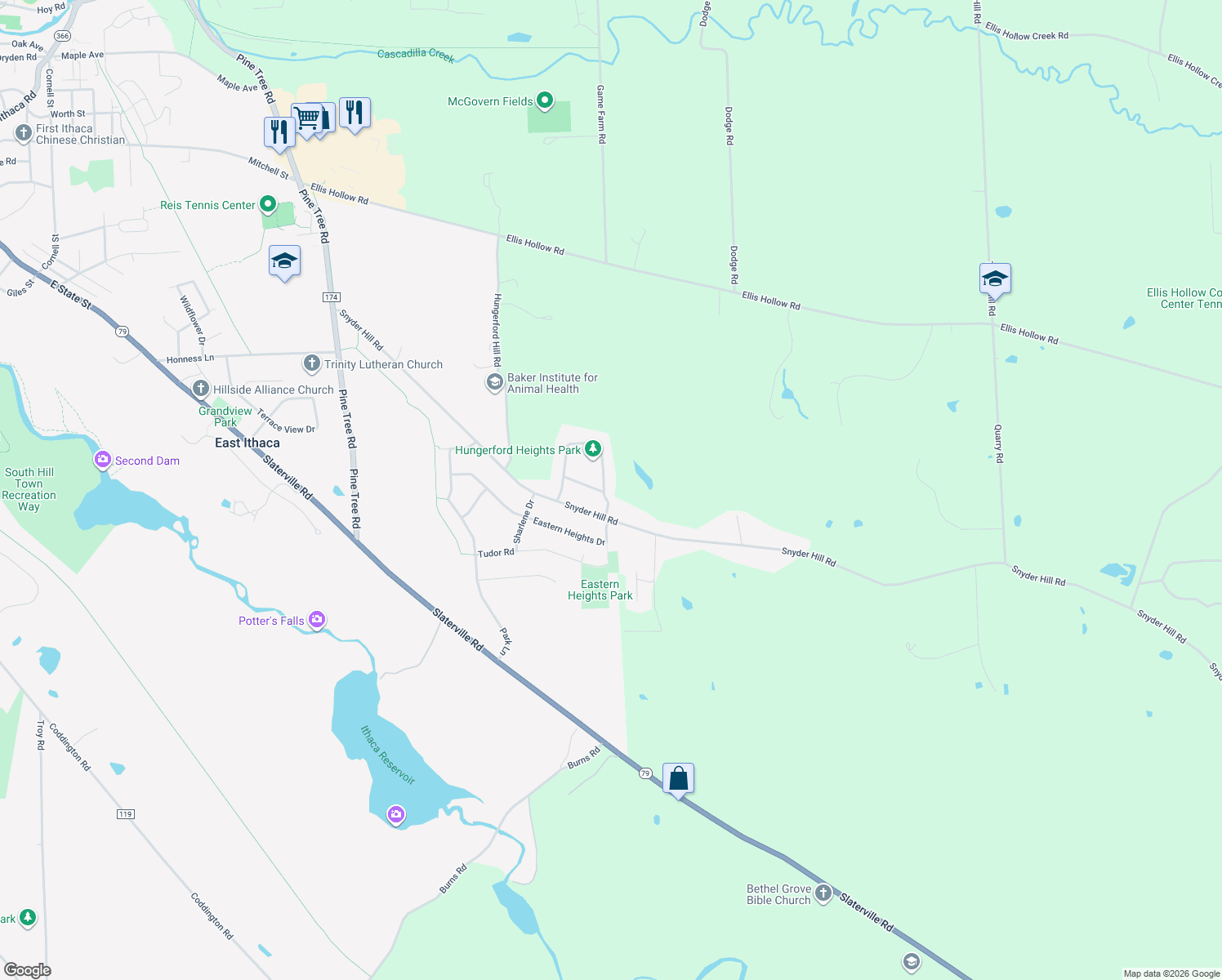 map of restaurants, bars, coffee shops, grocery stores, and more near 40 Dove Dr in Ithaca