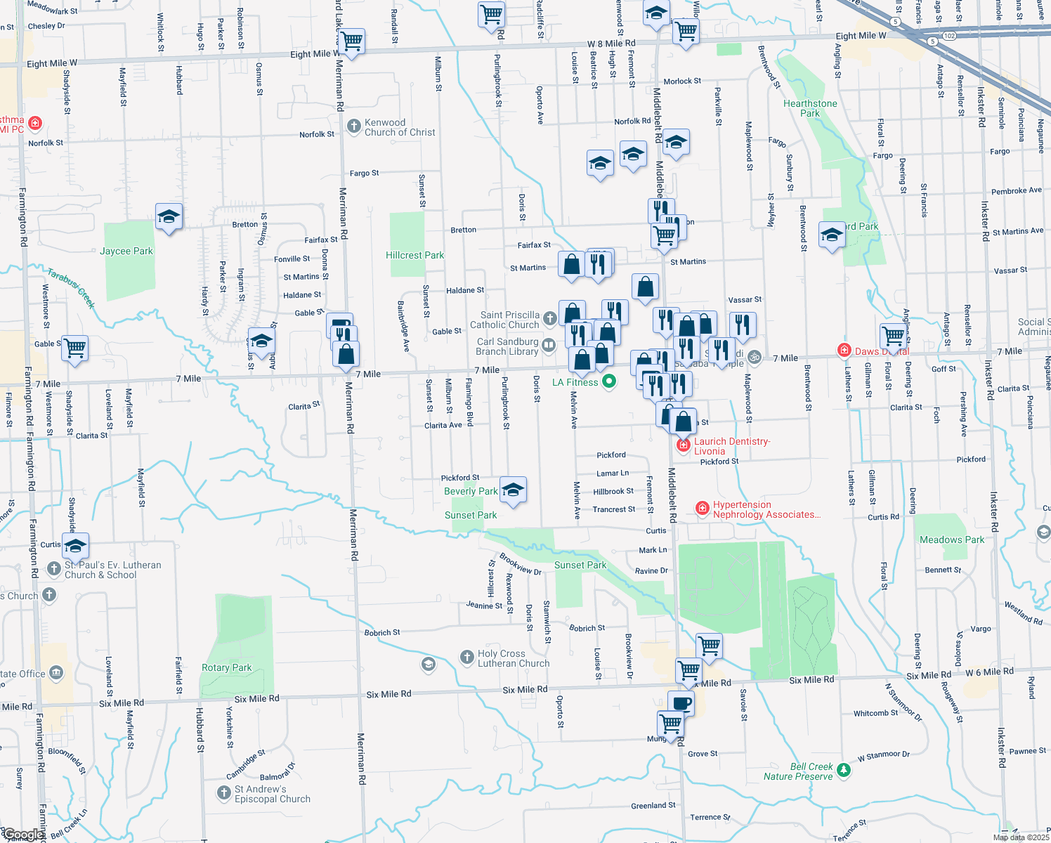 map of restaurants, bars, coffee shops, grocery stores, and more near 18949 Doris Street in Livonia