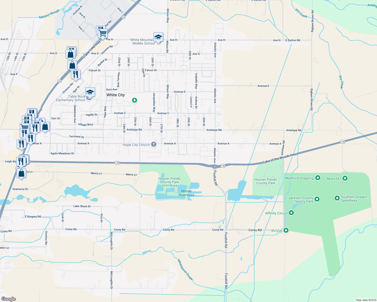 map of restaurants, bars, coffee shops, grocery stores, and more near 7408 Woodlake Dr in White City