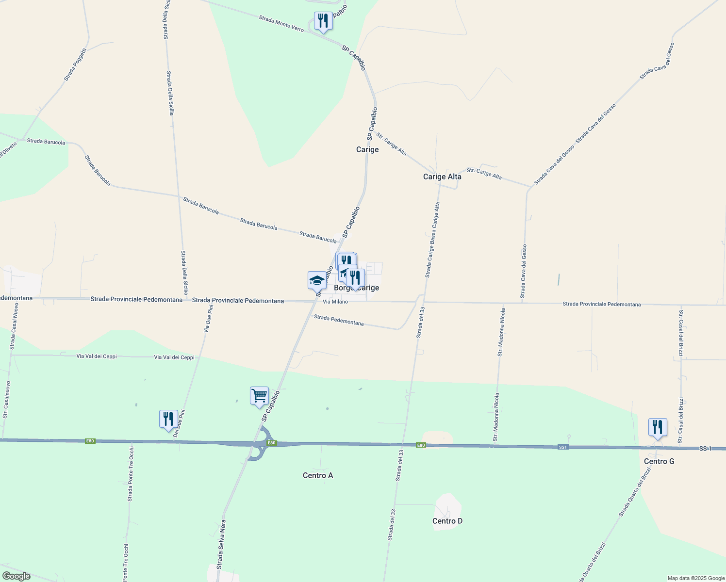 map of restaurants, bars, coffee shops, grocery stores, and more near 11 Via Torino in Borgo Carige