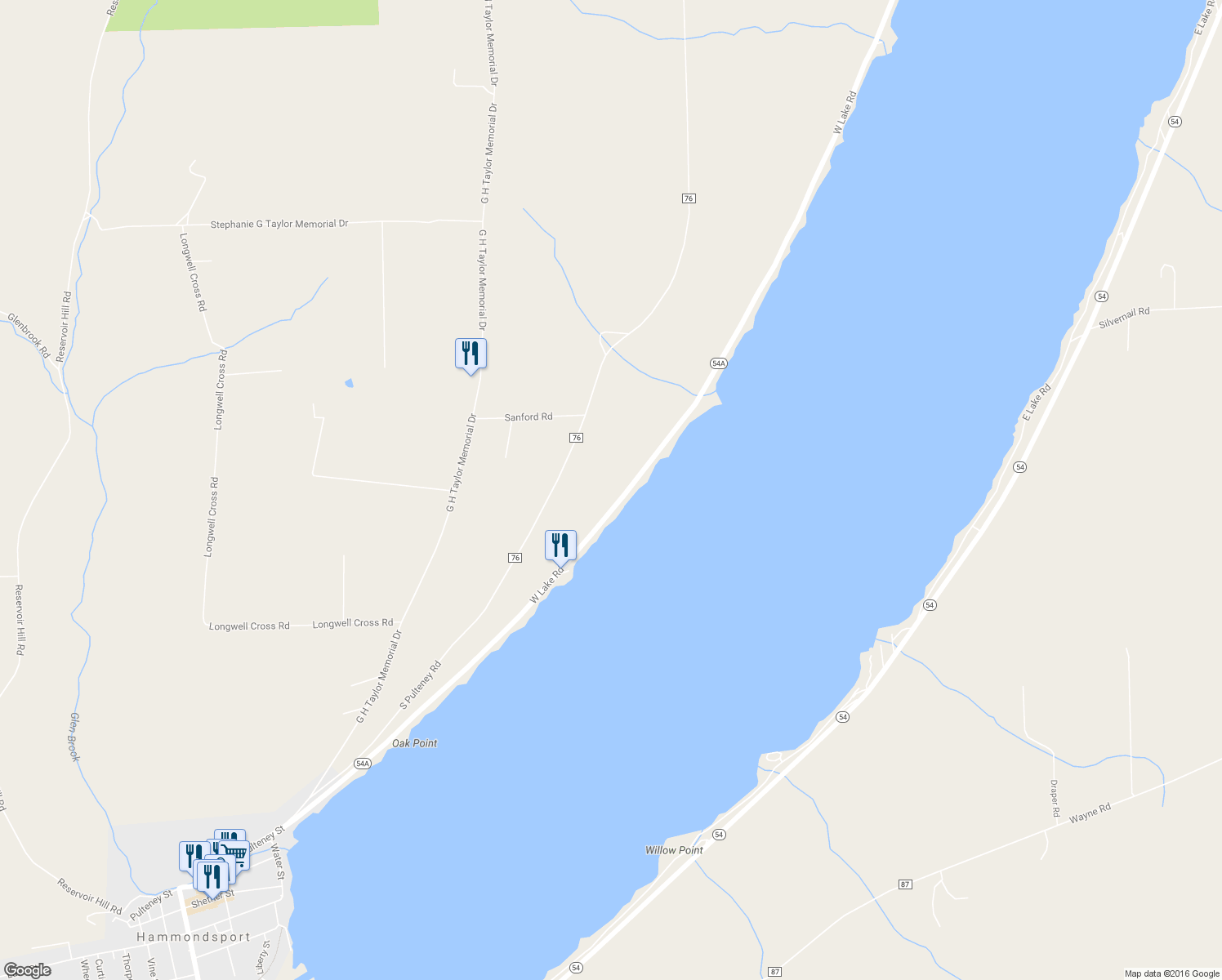 map of restaurants, bars, coffee shops, grocery stores, and more near 9242 West Lake Road in Hammondsport