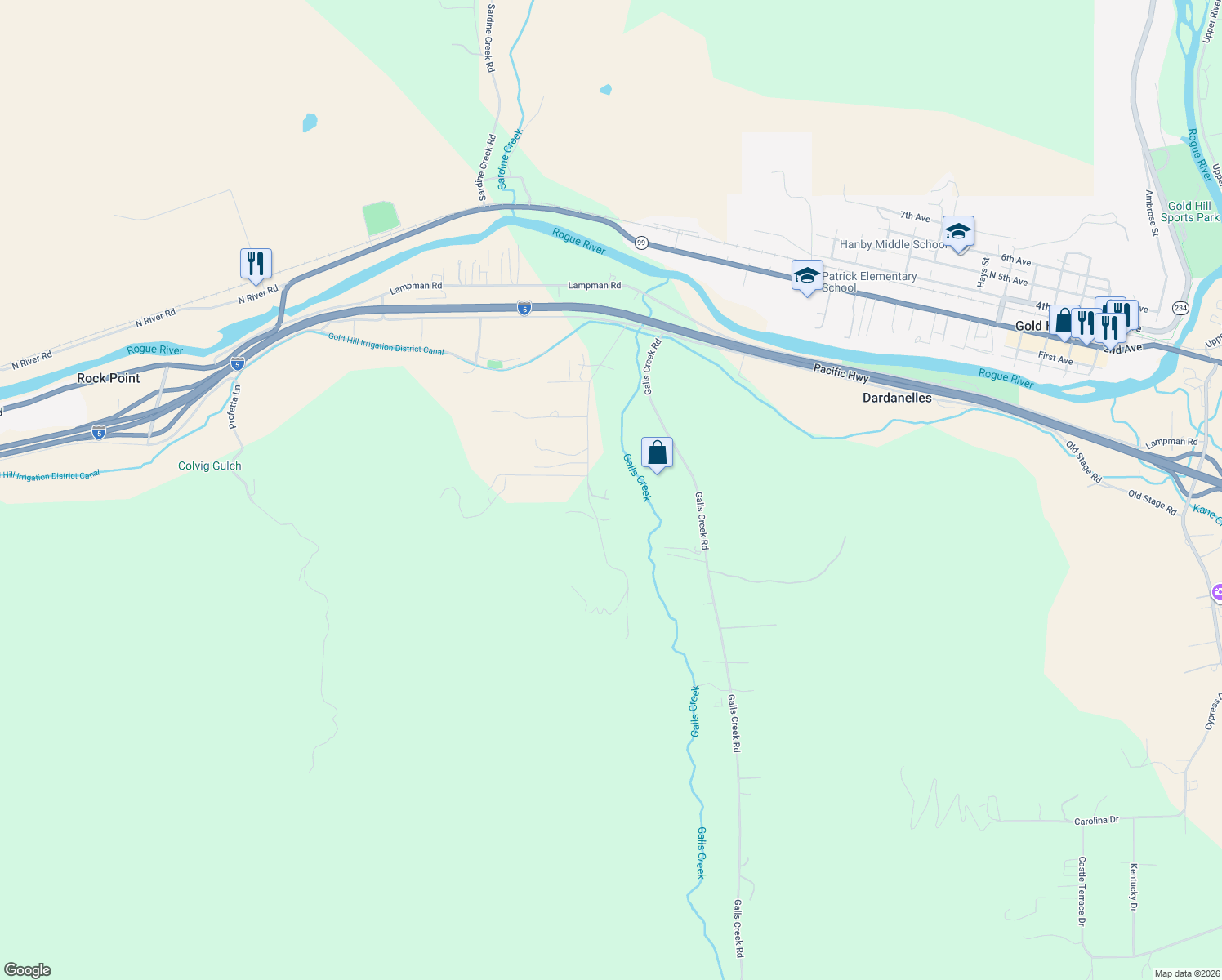 map of restaurants, bars, coffee shops, grocery stores, and more near 545 Hodson Road in Gold Hill