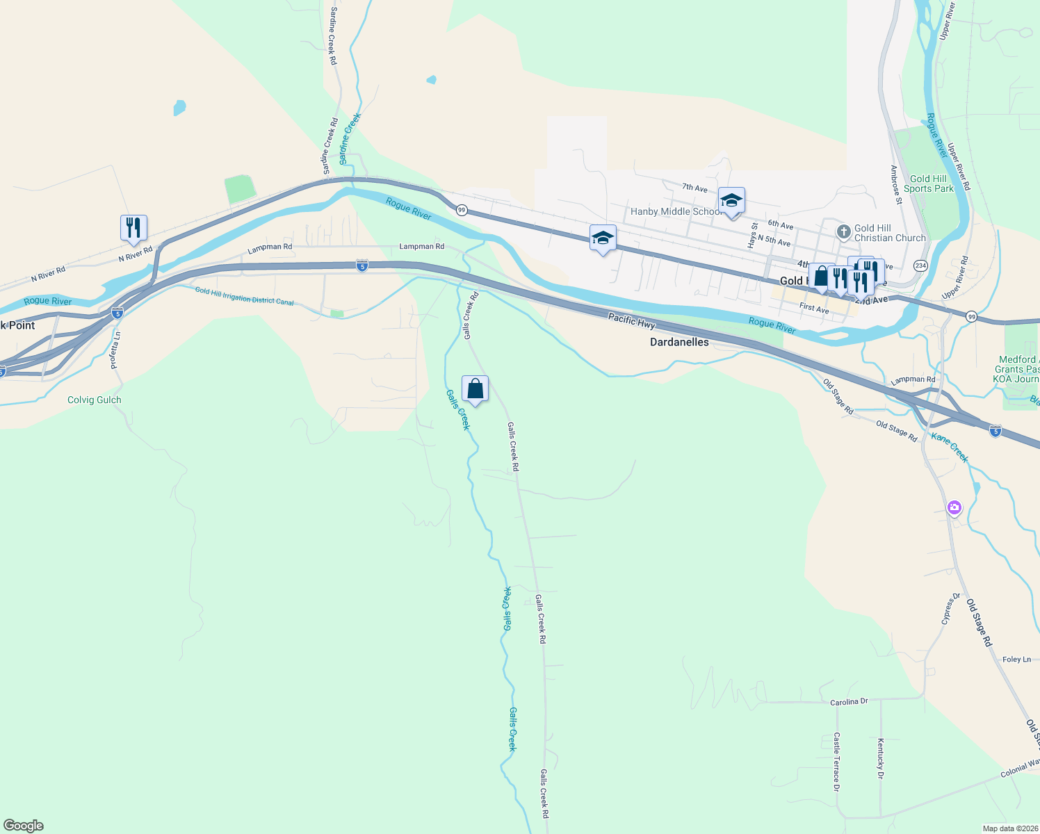 map of restaurants, bars, coffee shops, grocery stores, and more near 465 Galls Creek Road in Gold Hill
