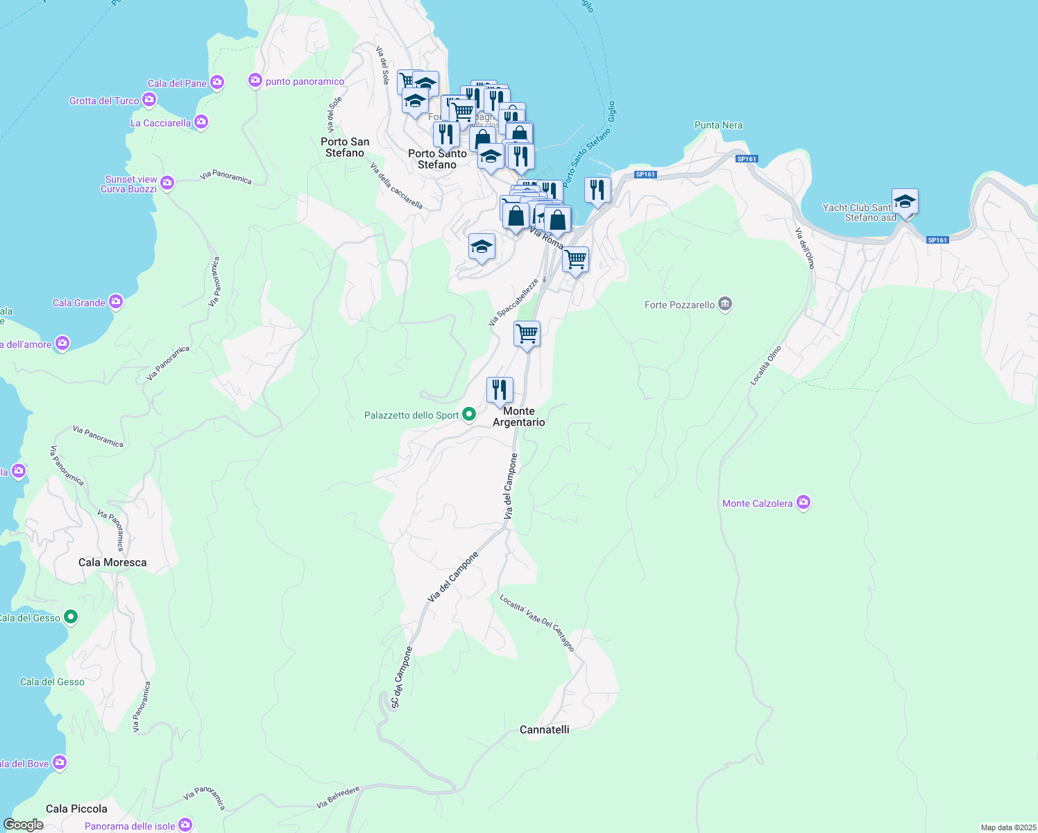 map of restaurants, bars, coffee shops, grocery stores, and more near 42 Via Privata dei Tre Ragazzi in Porto Santo Stefano