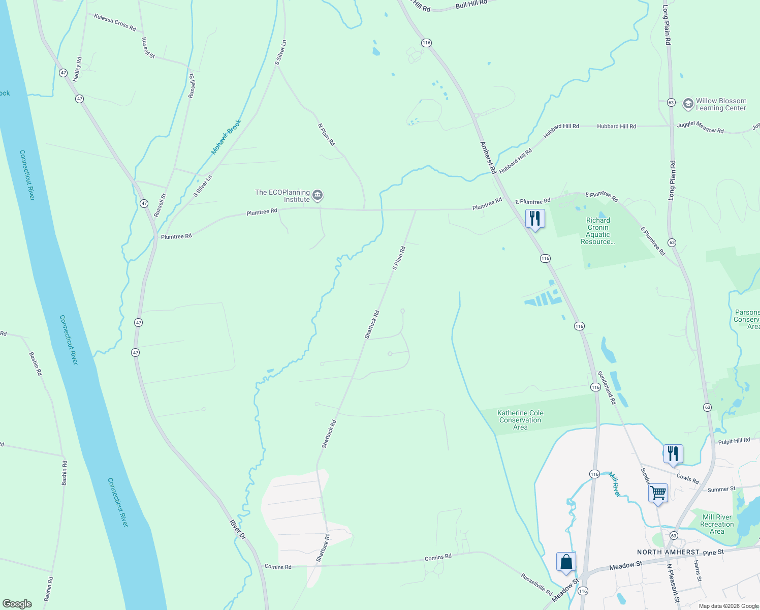 map of restaurants, bars, coffee shops, grocery stores, and more near 99 S Plain Rd in Sunderland