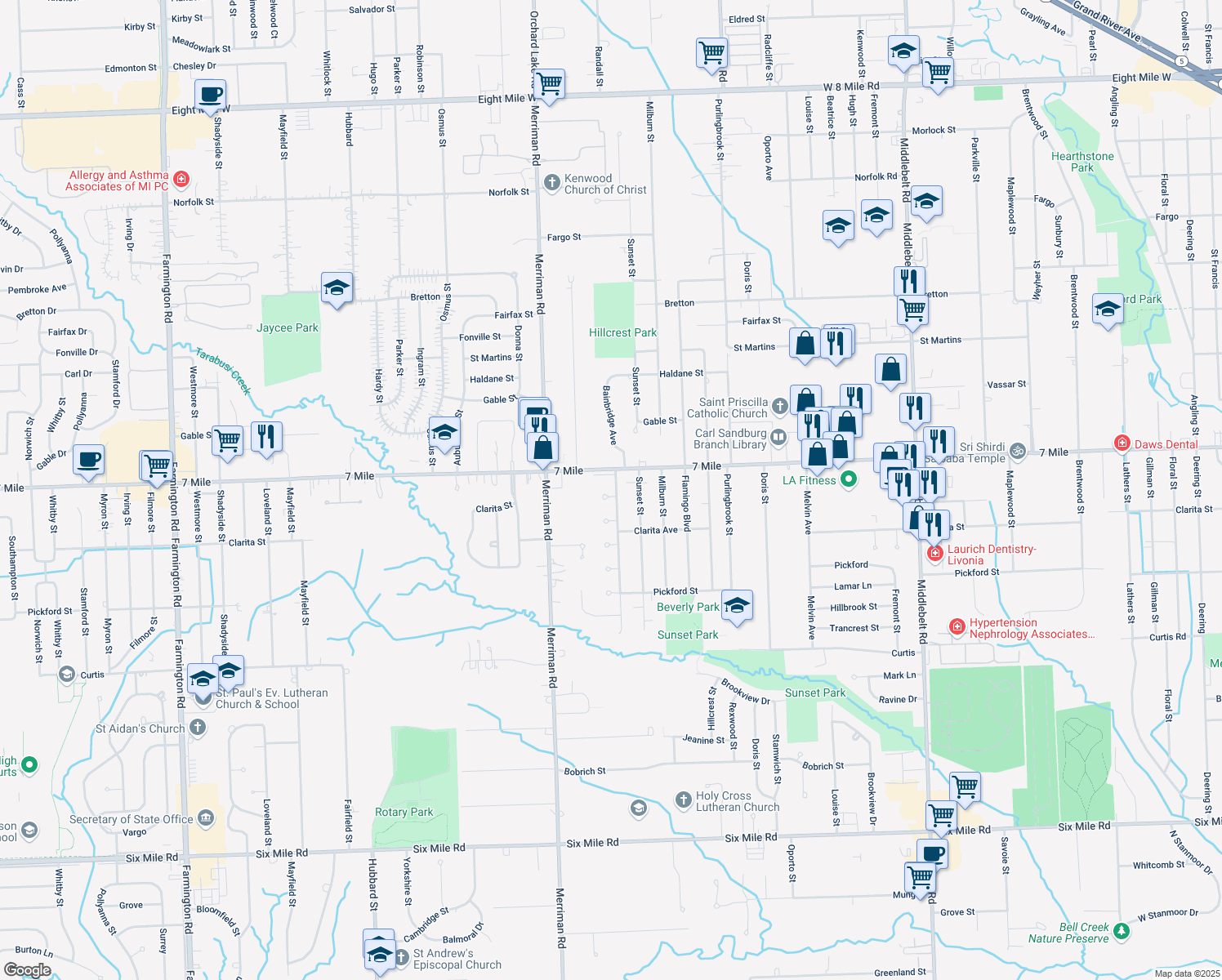 map of restaurants, bars, coffee shops, grocery stores, and more near 18999 Bainbridge Avenue in Livonia