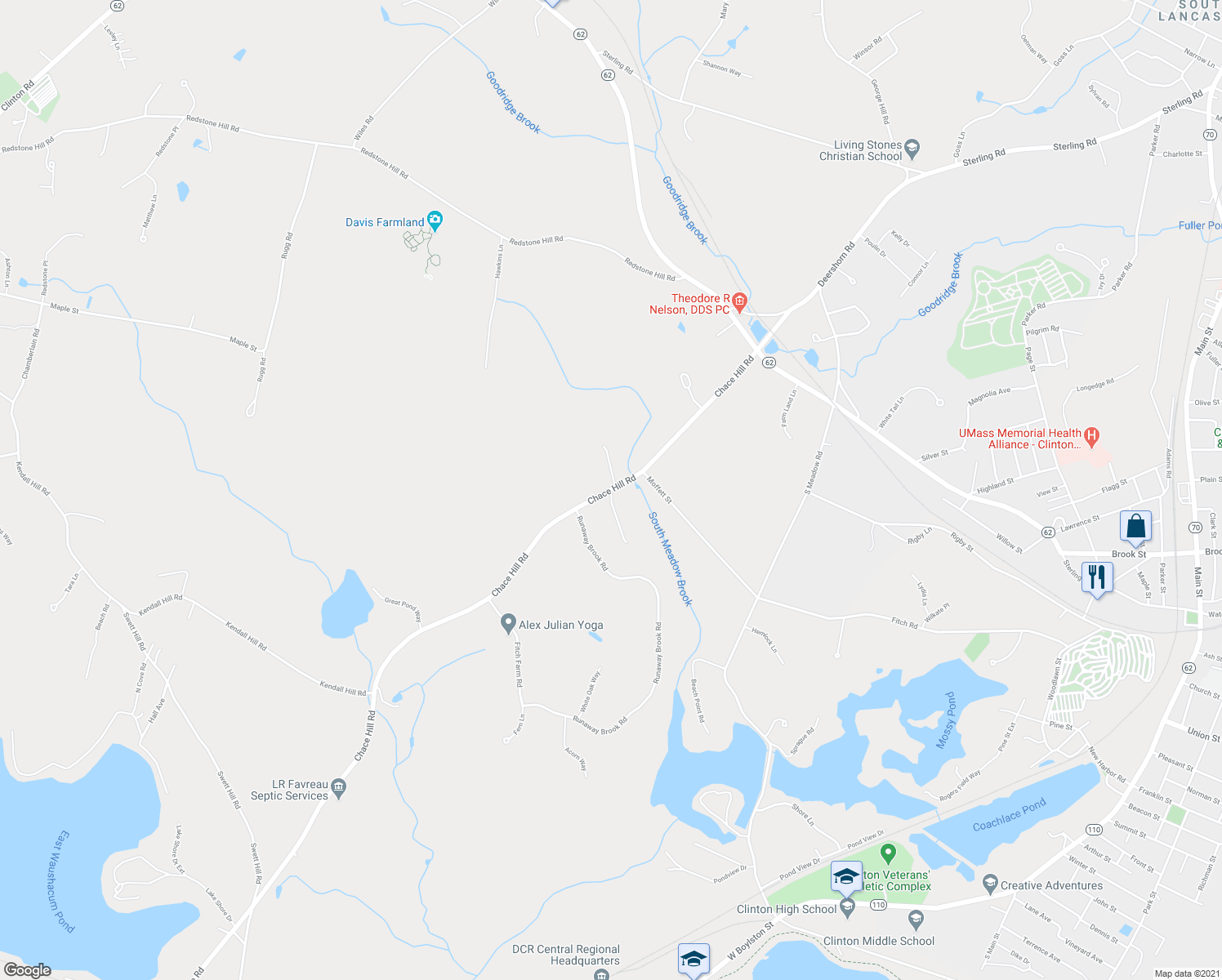 map of restaurants, bars, coffee shops, grocery stores, and more near 223 Chace Hill Road in Sterling