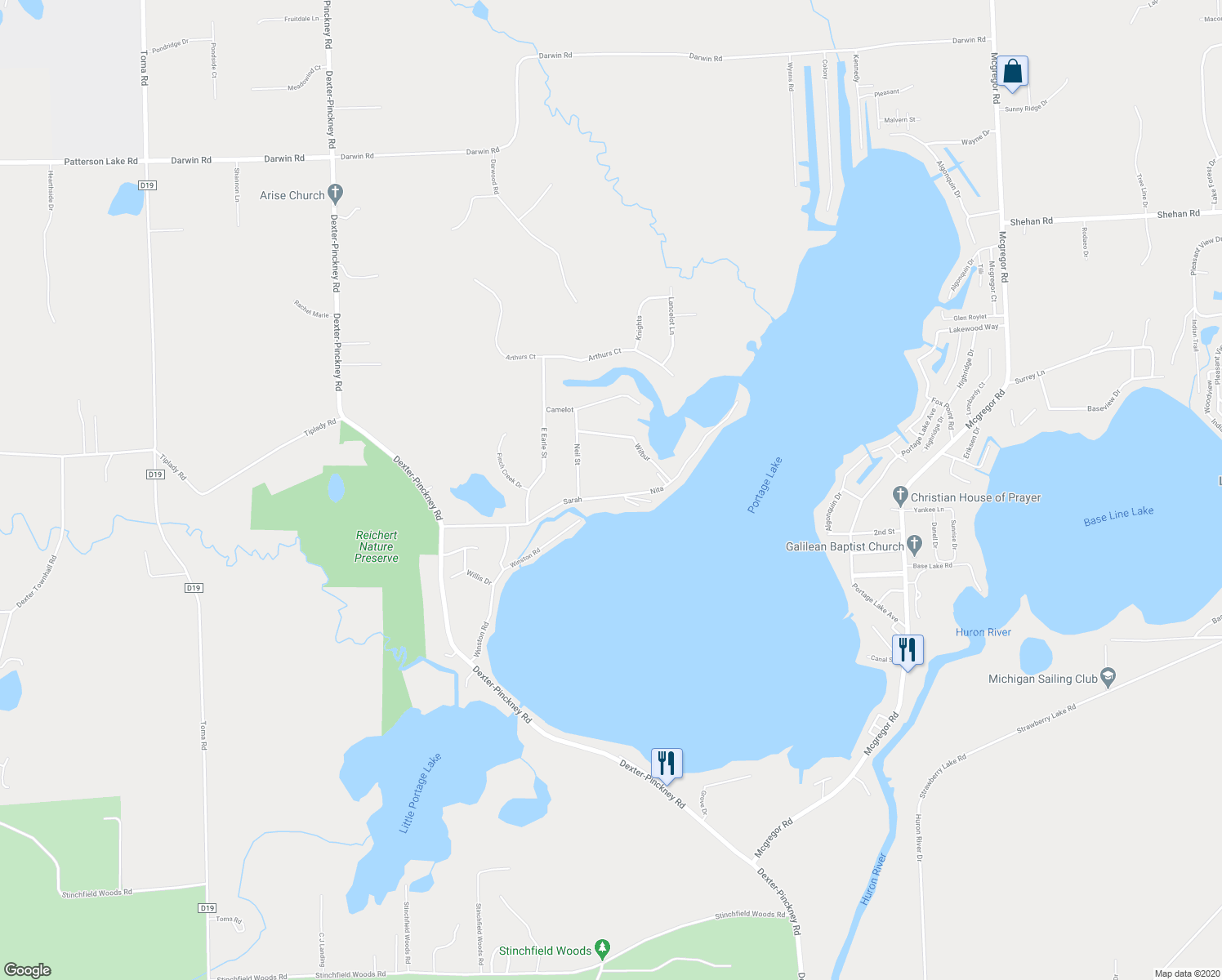 map of restaurants, bars, coffee shops, grocery stores, and more near 1169 Sarah Road in Pinckney