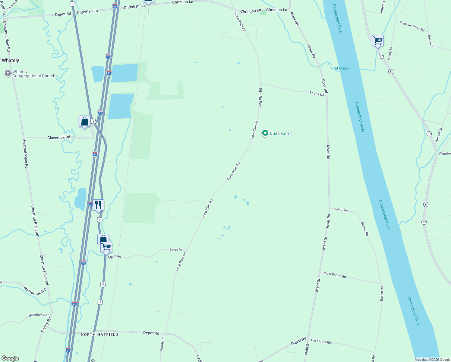 map of restaurants, bars, coffee shops, grocery stores, and more near 79 Long Plain Road in Whately