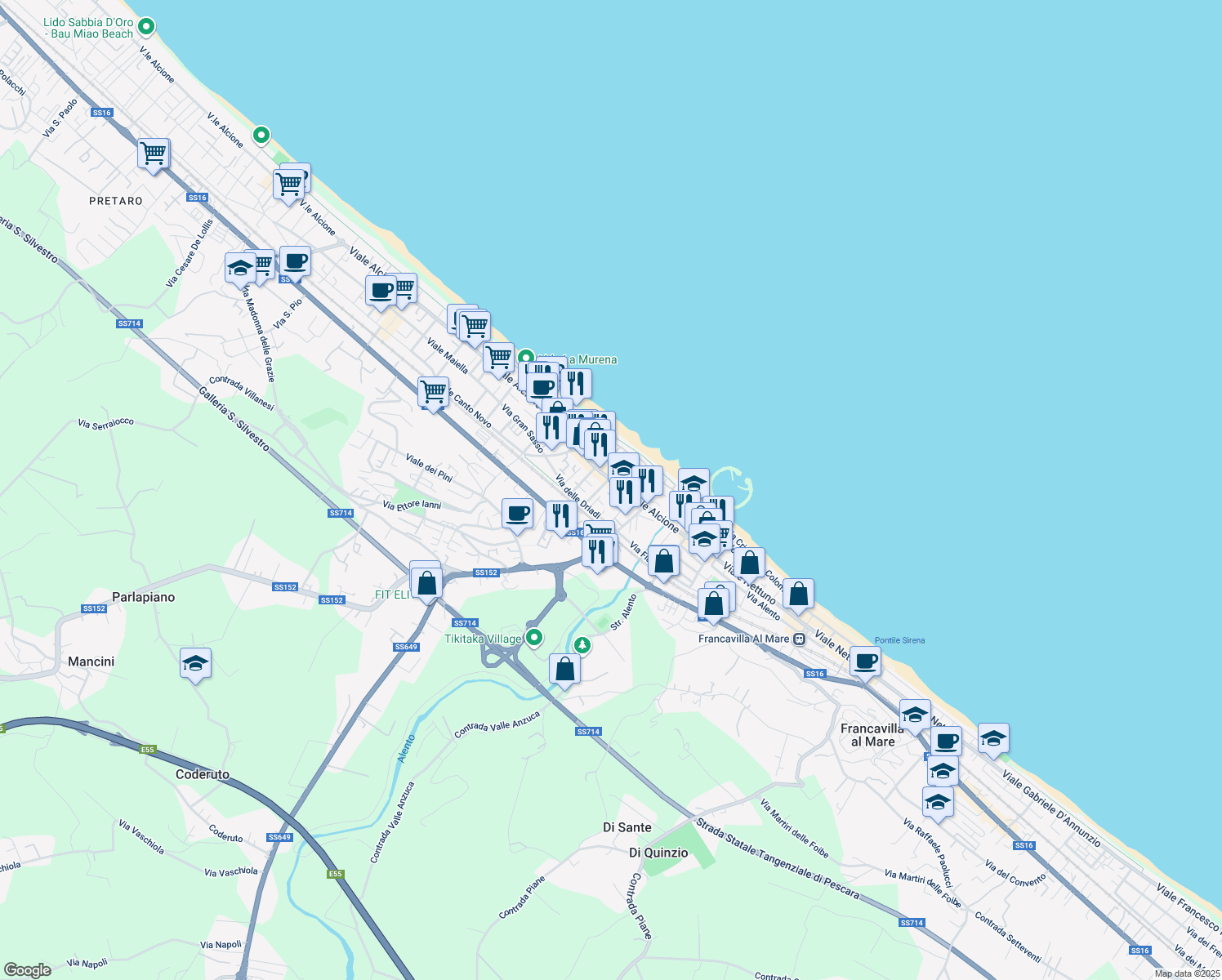 map of restaurants, bars, coffee shops, grocery stores, and more near Viale Alcione in Francavilla Al Mare