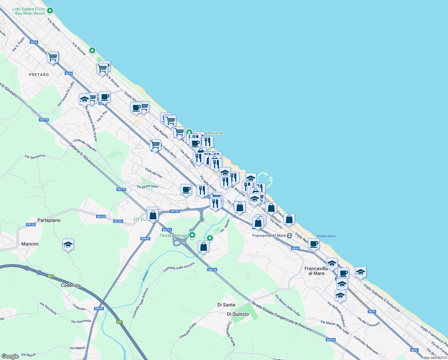 map of restaurants, bars, coffee shops, grocery stores, and more near 59 Viale Alcione in Francavilla al Mare