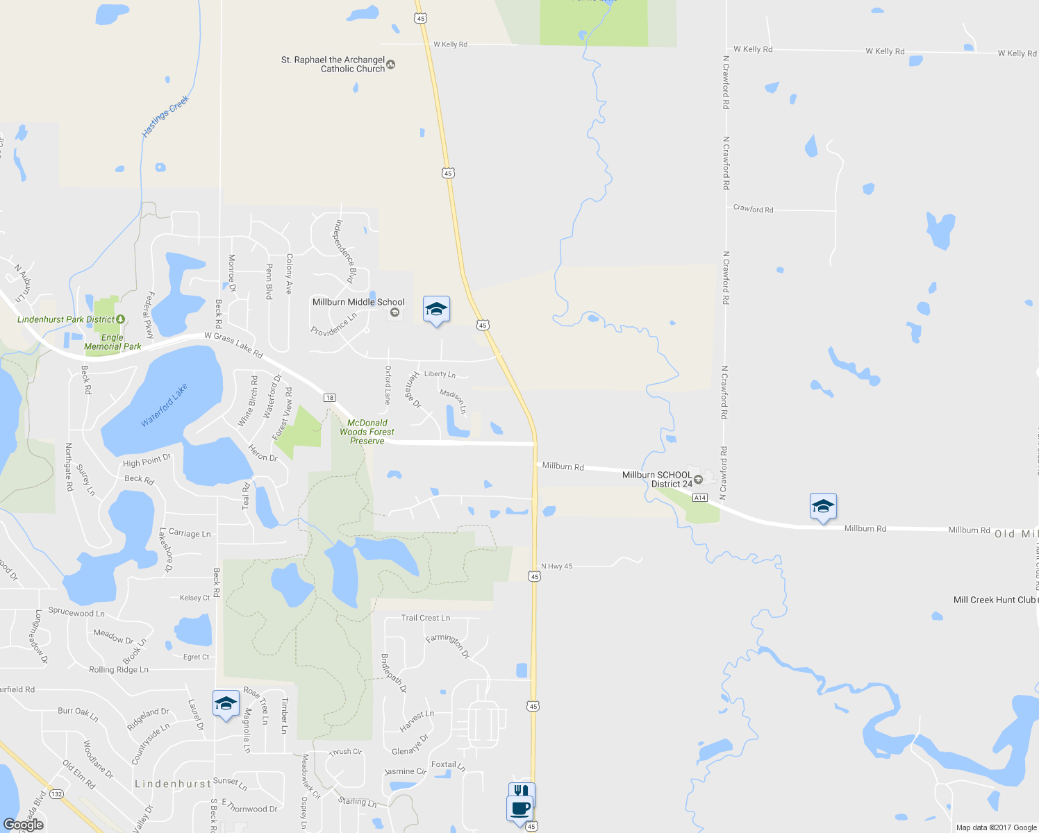 map of restaurants, bars, coffee shops, grocery stores, and more near 38844 U.S. 45 in Old Mill Creek