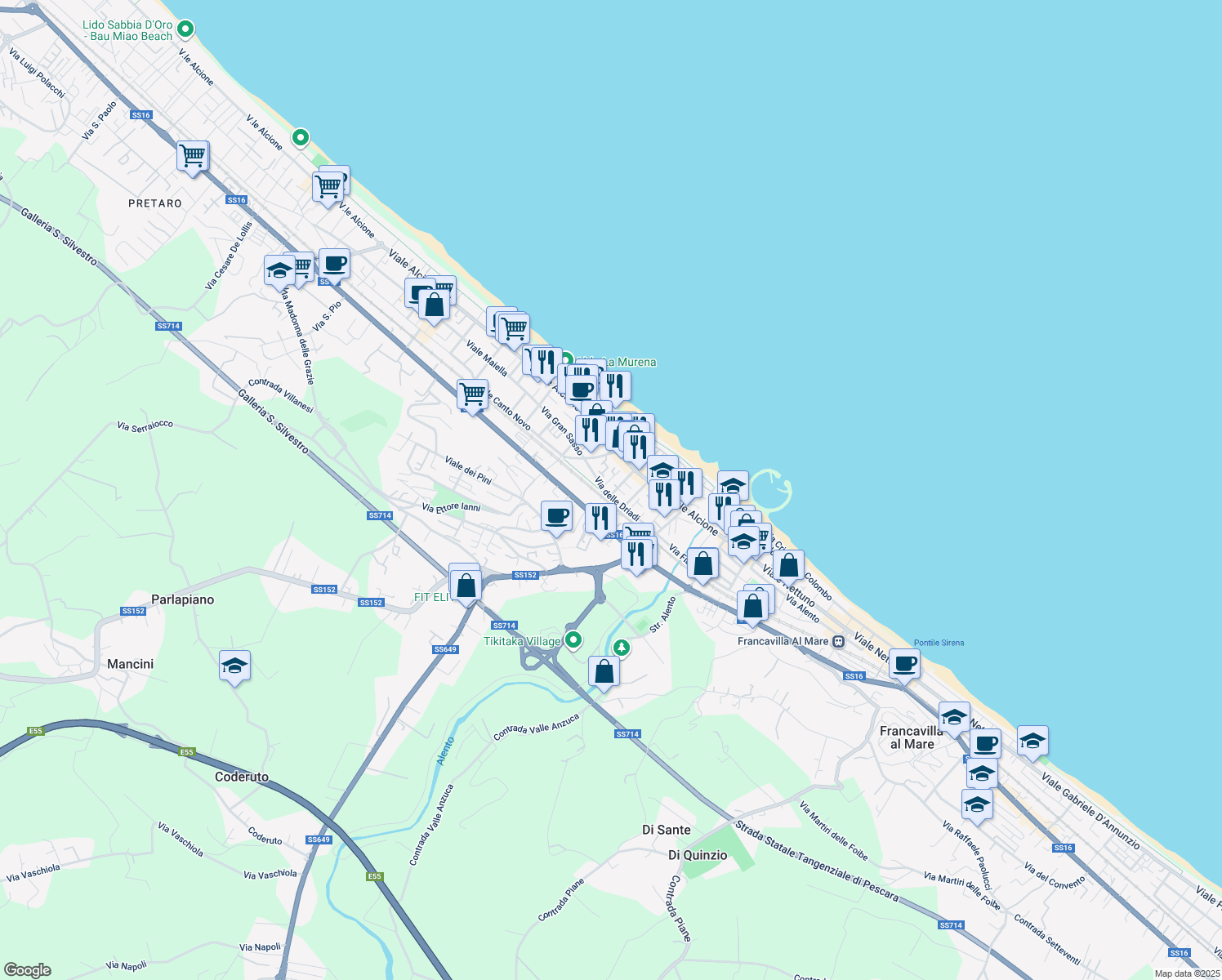 map of restaurants, bars, coffee shops, grocery stores, and more near 1A Via delle Driadi in Francavilla al Mare