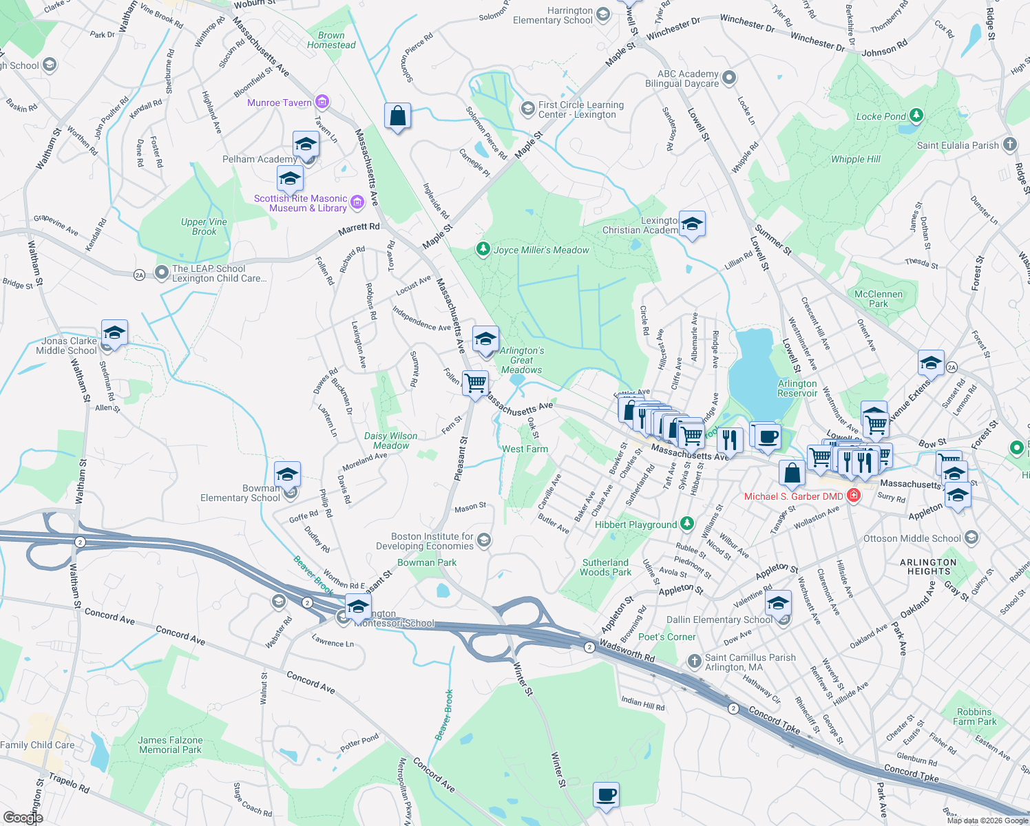 map of restaurants, bars, coffee shops, grocery stores, and more near 552 Massachusetts Avenue in Lexington