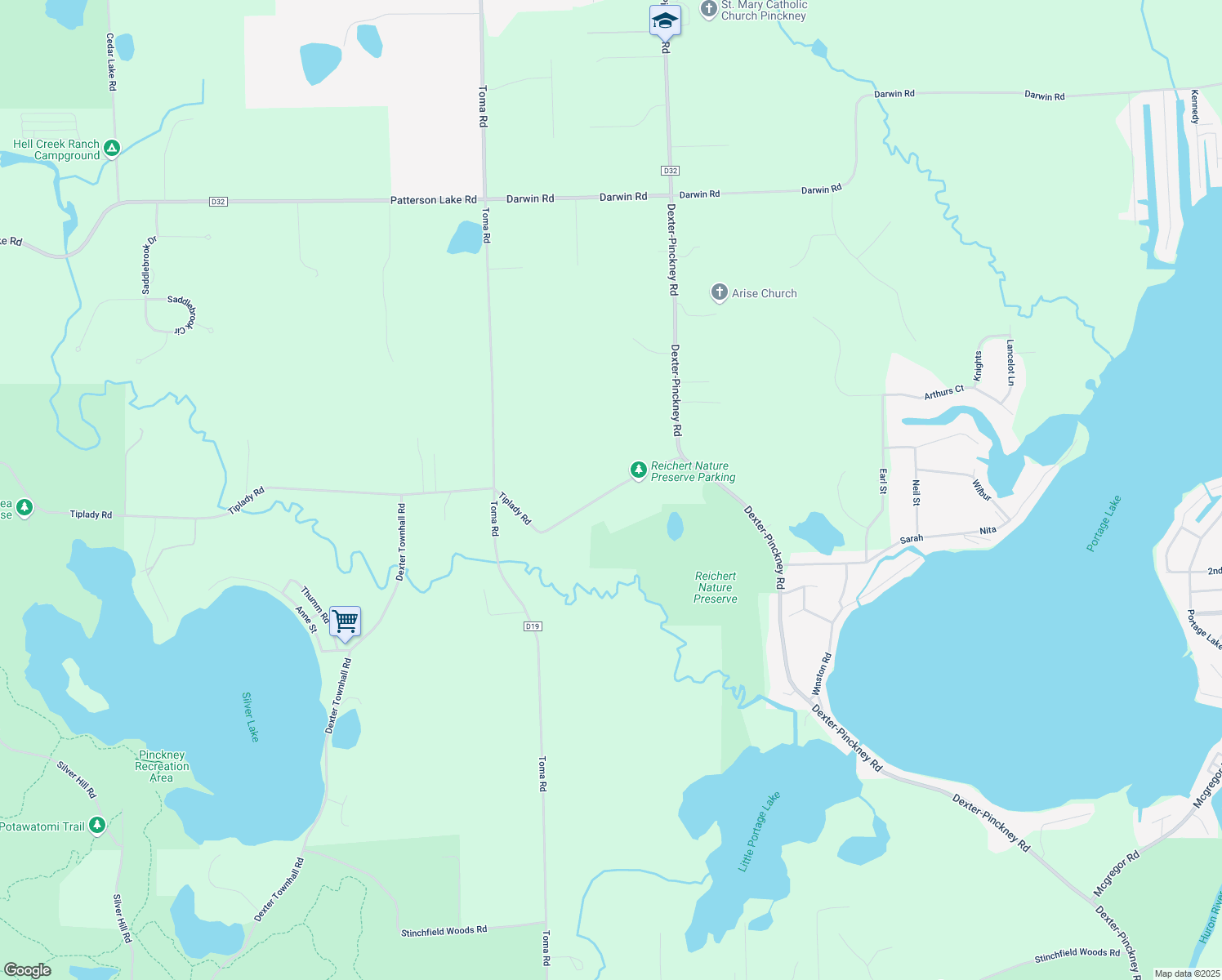 map of restaurants, bars, coffee shops, grocery stores, and more near 275 Tiplady Road in Pinckney