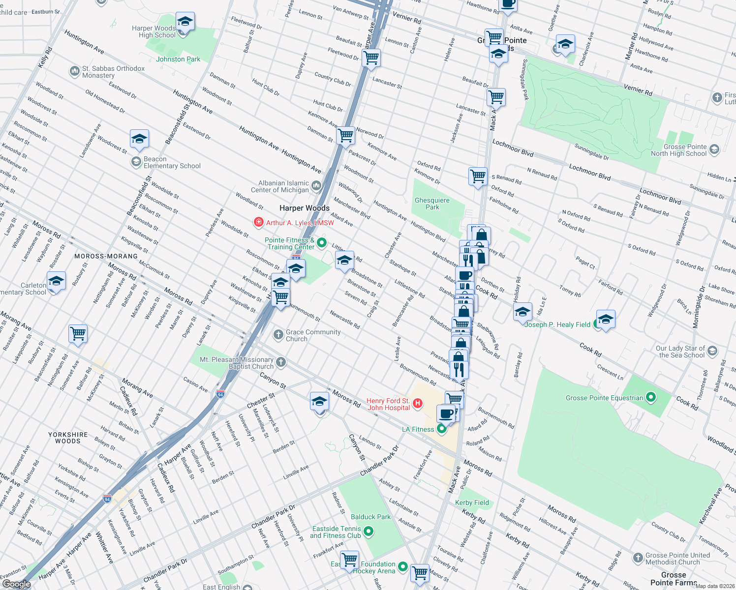 map of restaurants, bars, coffee shops, grocery stores, and more near 21420 Brierstone Street in Harper Woods